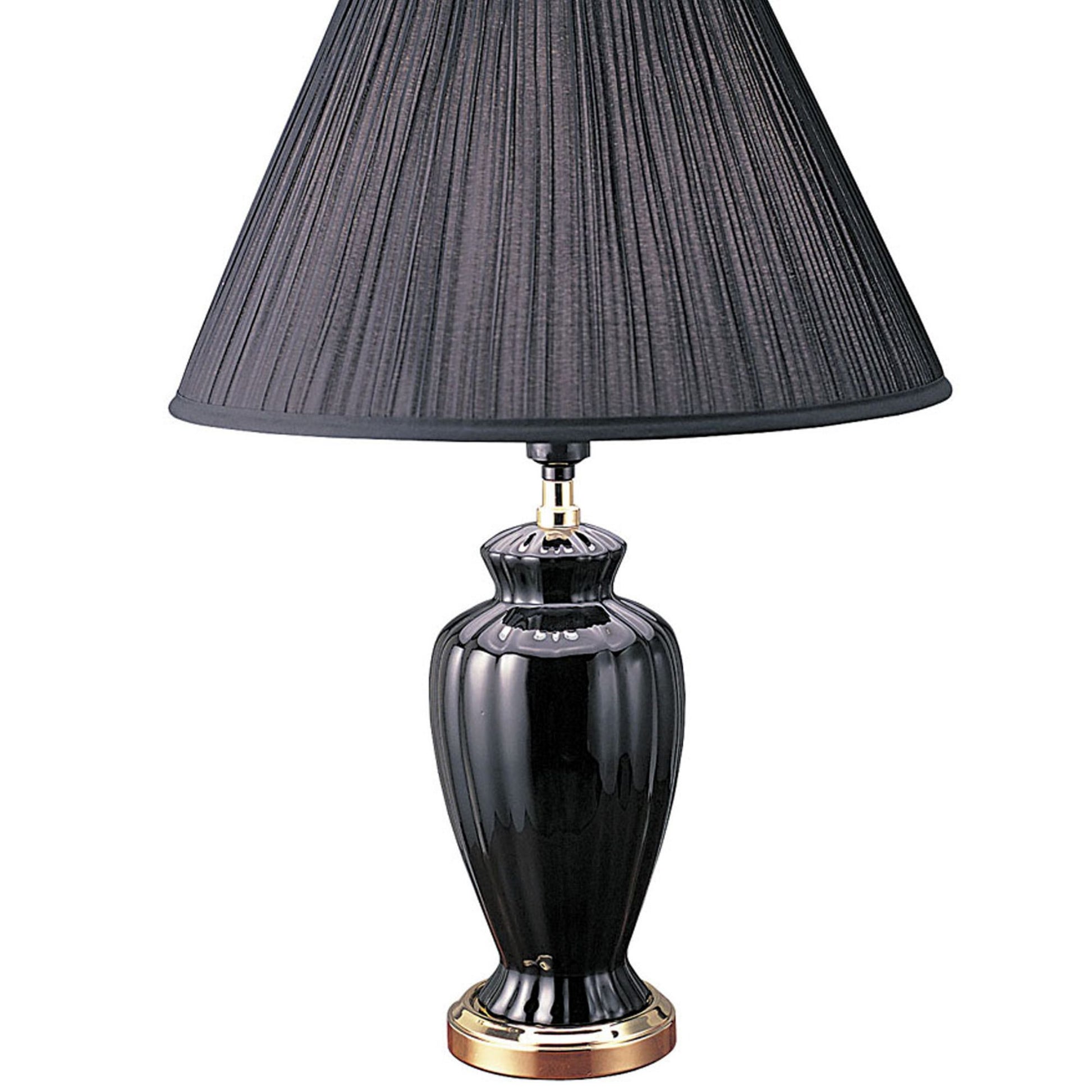 26" Tall Ceramic Table Lamp, Urn Shaped With Black Finish, Linen Shade Black Ceramic