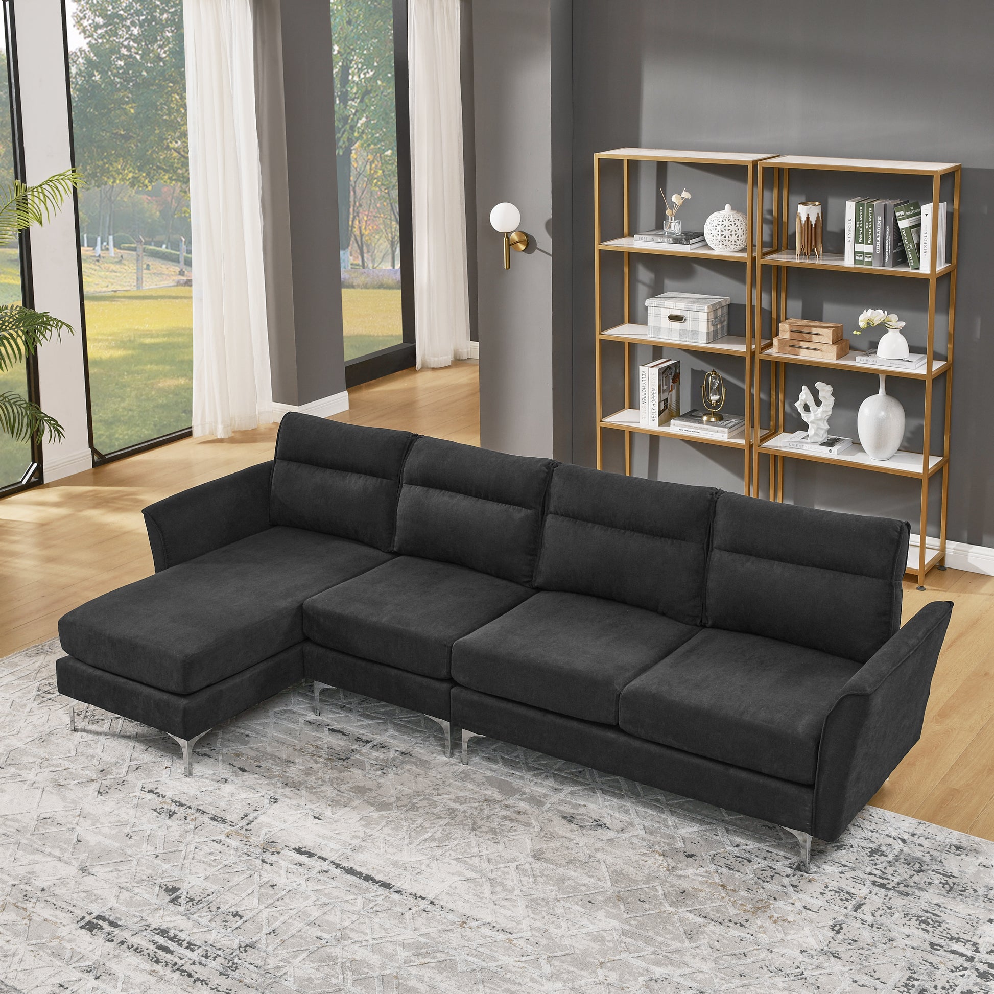 Modern Sofa 3 Seat Couch With Stainless Steel Trim And Metal Legs For Living Room,Black Black Foam 3 Seat