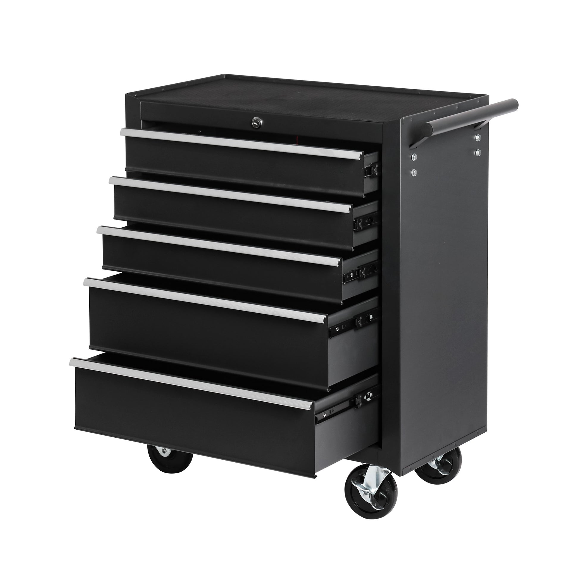 5 Drawer Rolling Tool Chest W Lock & Key, Tool Storage Cabinet With Wheels, Top Cushion & Drawer Liners, Tool Organizer Box For Garage, Warehouse & Repair Shop Black Steel