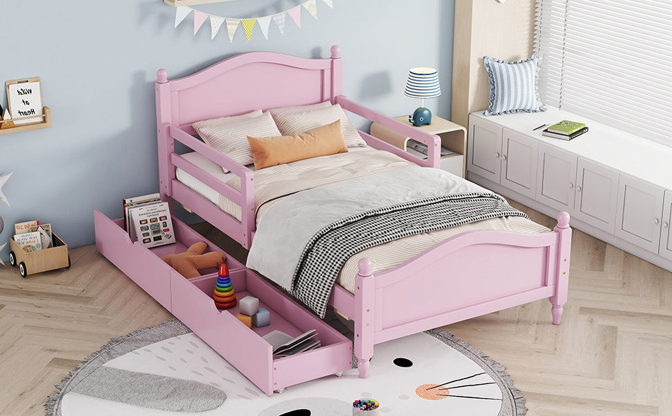 Twin Size Wood Platform Bed With Guardrails On Both Sides And Two Storage Drawers ,Pink Twin Pink Wood