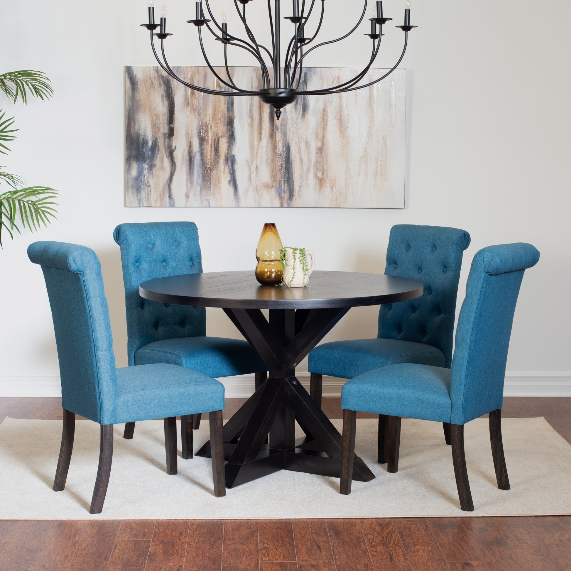 Nylander 5 Piece Dining Set, Cross Buck Dining Table With 4 Stylish Chairs Wood Black Seats 4 Wood Dining Room Fixed Table Rubberwood Round Pedestal Round Dining Table With Chair Mdf