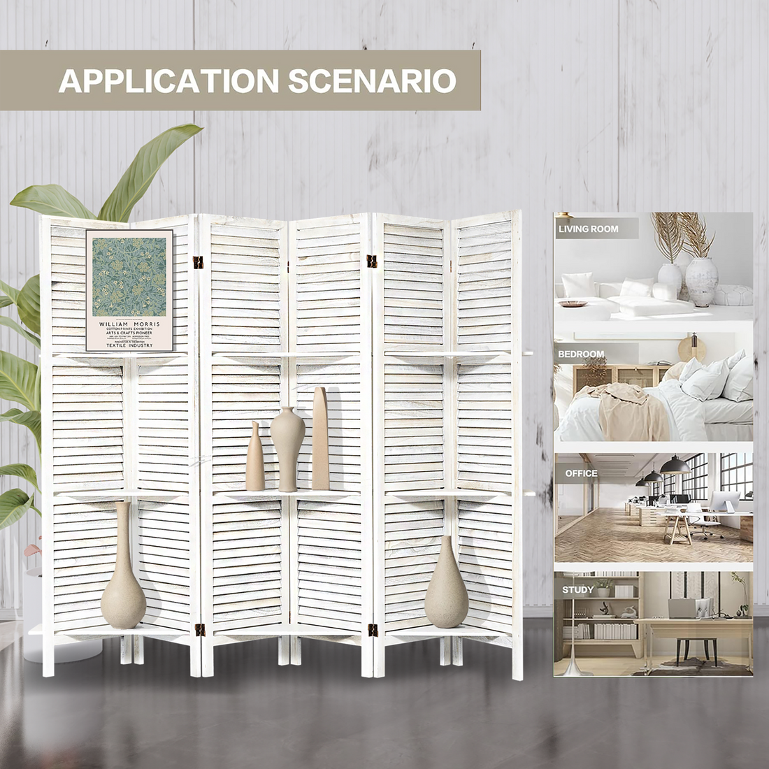 Room Divider With Shelves, 6 Panel Room Dividers And Folding Privacy Screens, Partition Room Divider Temporary Wall, Freestanding Room Divider For Home Office Studio Apartment White White Modern Wood