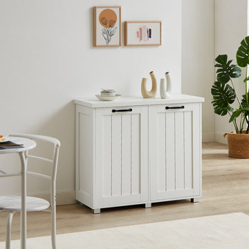 Two Compartment Tilt Out Trash Cabinet, Pet Proof Kitchen Trash Cabinet With Cutting Board, Free Standing Laundry Sorter Cabinet, Laundry Hamper, White White White Particle Board