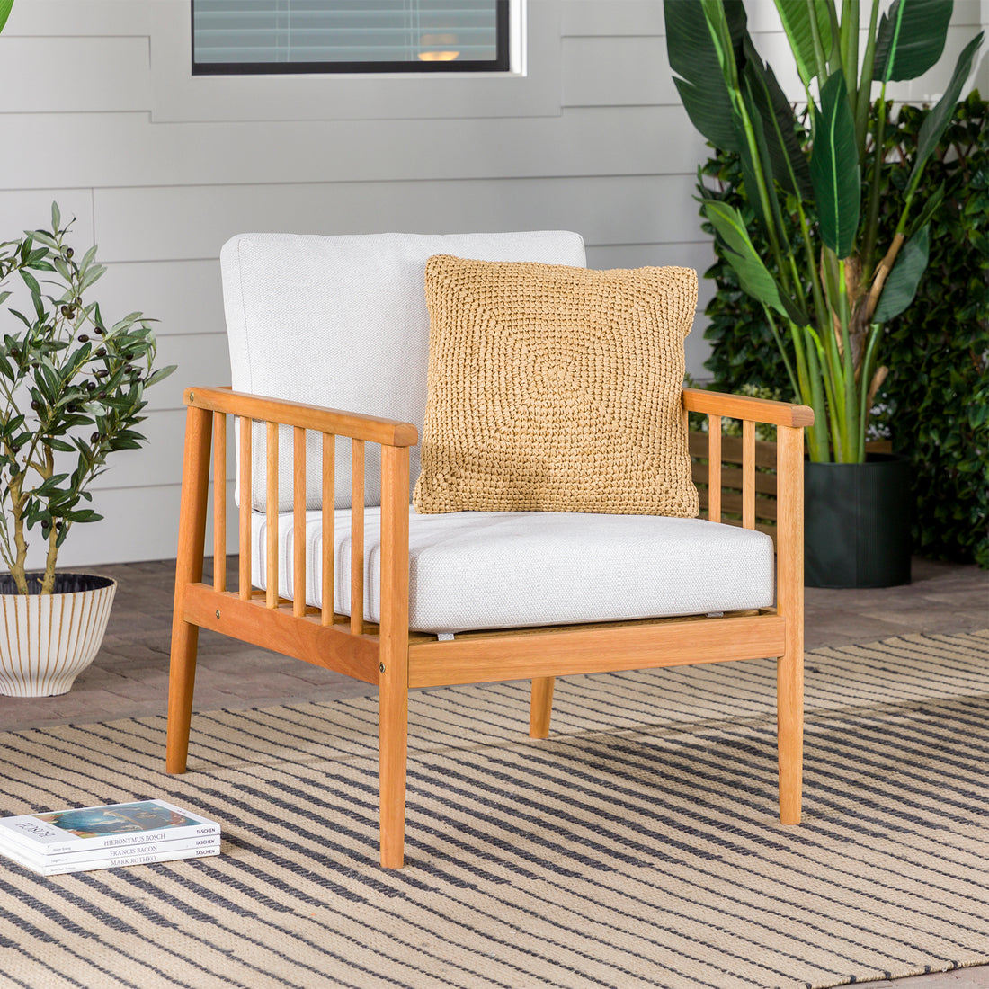 Contemporary Cushioned Eucalyptus Wood Patio Accent Chair Natural Natural Eucalyptus Eucalyptus