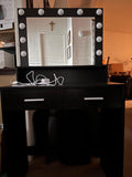 Vanity Desk With Mirror And Lights, Dressing Table With Large Drawer, 2 Level Storage Dresser & 3 Lighting Modes Adjustable Brightness, Suitable For Bedroom Black Black Particle Board