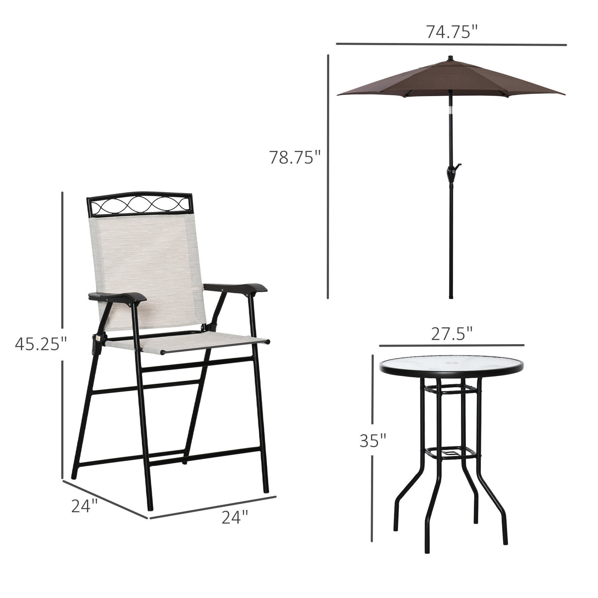 Outsunny 4 Piece Outdoor Patio Dining Furniture Set, 2 Folding Chairs, Adjustable Angle Umbrella, Wave Textured Tempered Glass Dinner Table, Beige Beige Steel