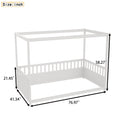 Twin Size Canopy Bed Frame With Guardrails For Kids,Floor Bed Twin With Four Poster Design,Kids Montessori Floor Bed,Wood Canopy Bed Frame For Girls,Boys Twin,White Box Spring Required Twin White