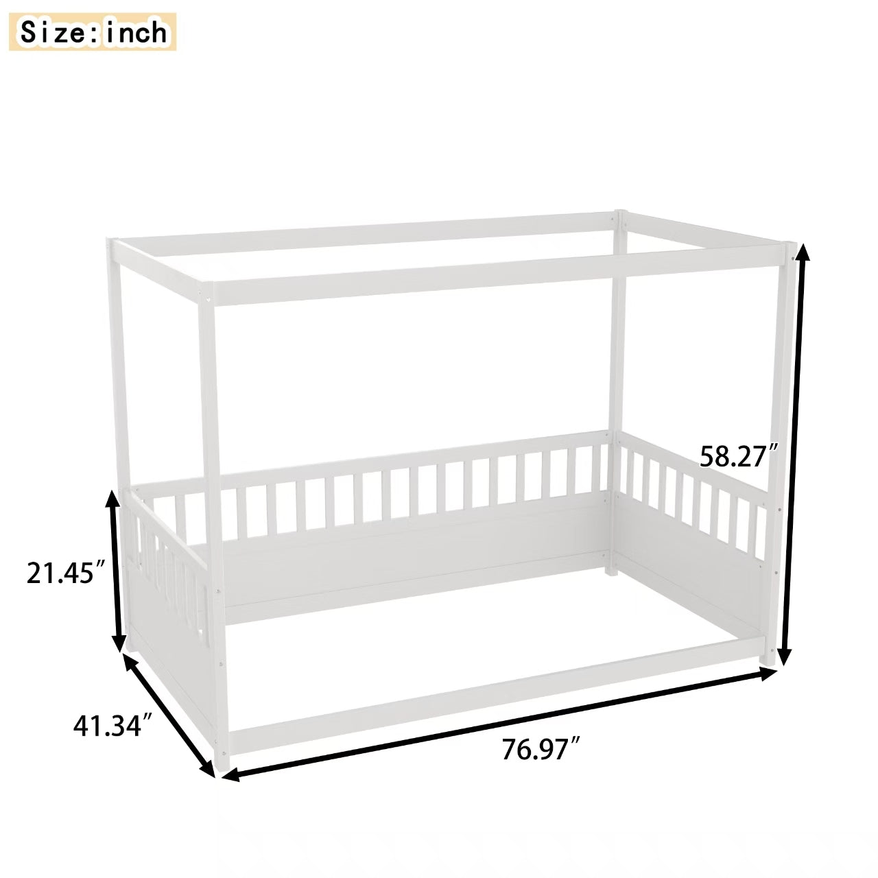 Twin Size Canopy Bed Frame With Guardrails For Kids,Floor Bed Twin With Four Poster Design,Kids Montessori Floor Bed,Wood Canopy Bed Frame For Girls,Boys Twin,White Box Spring Required Twin White