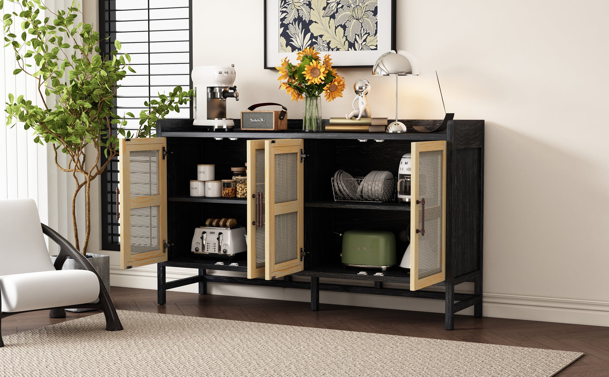 Sideboard Rustic Buffet Cabinet, Sideboard Cabinet With Decorative Rattan Doors, Buffet Cabinet With Storage For Entryway Dining Room Kitchen Living Room, Black Natural Black Natural Mdf