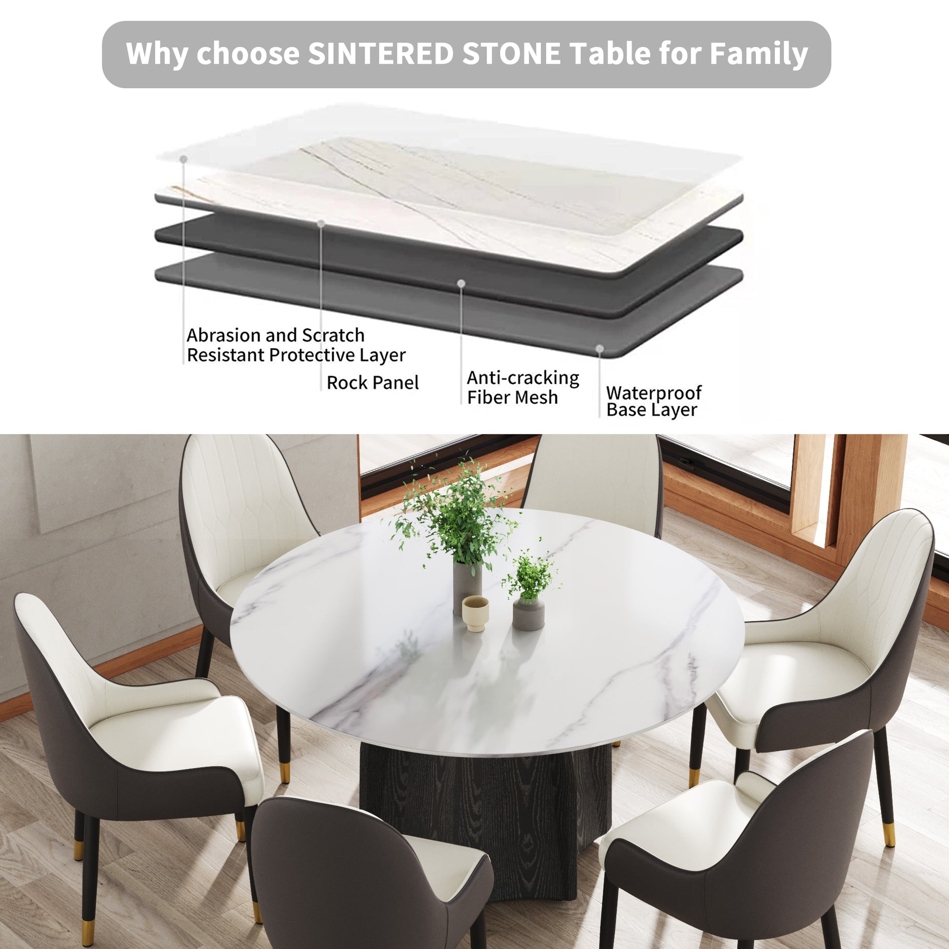 53" Round Marble Dining Table With Black Textured Solid Wood Base, Artificial Marble For 6 People, Dining Room Living Room Kitchen Dining Table,White Dining Table Only Black,White Dining Room Modern