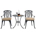 3 Piece Bistro Table Set Cast Aluminum Outdoor Patio Furniture With Umbrella Hole And Grey Cushions For Patio Balcony, Black Black Aluminium