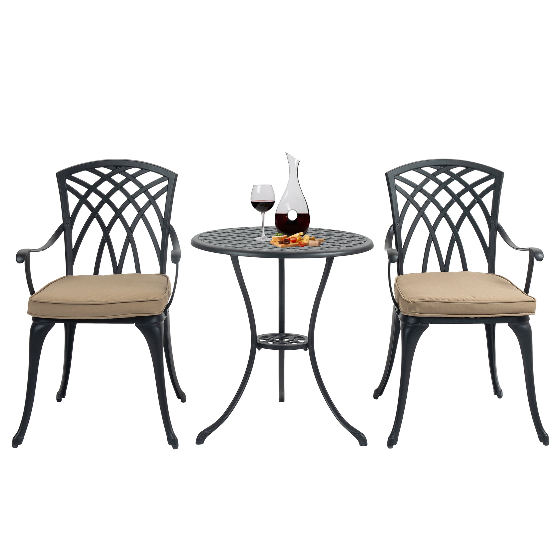 3 Piece Bistro Table Set Cast Aluminum Outdoor Patio Furniture With Umbrella Hole And Grey Cushions For Patio Balcony, Black Black Aluminium