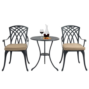 3 Piece Bistro Table Set Cast Aluminum Outdoor Patio Furniture With Umbrella Hole And Grey Cushions For Patio Balcony, Black Black Aluminium