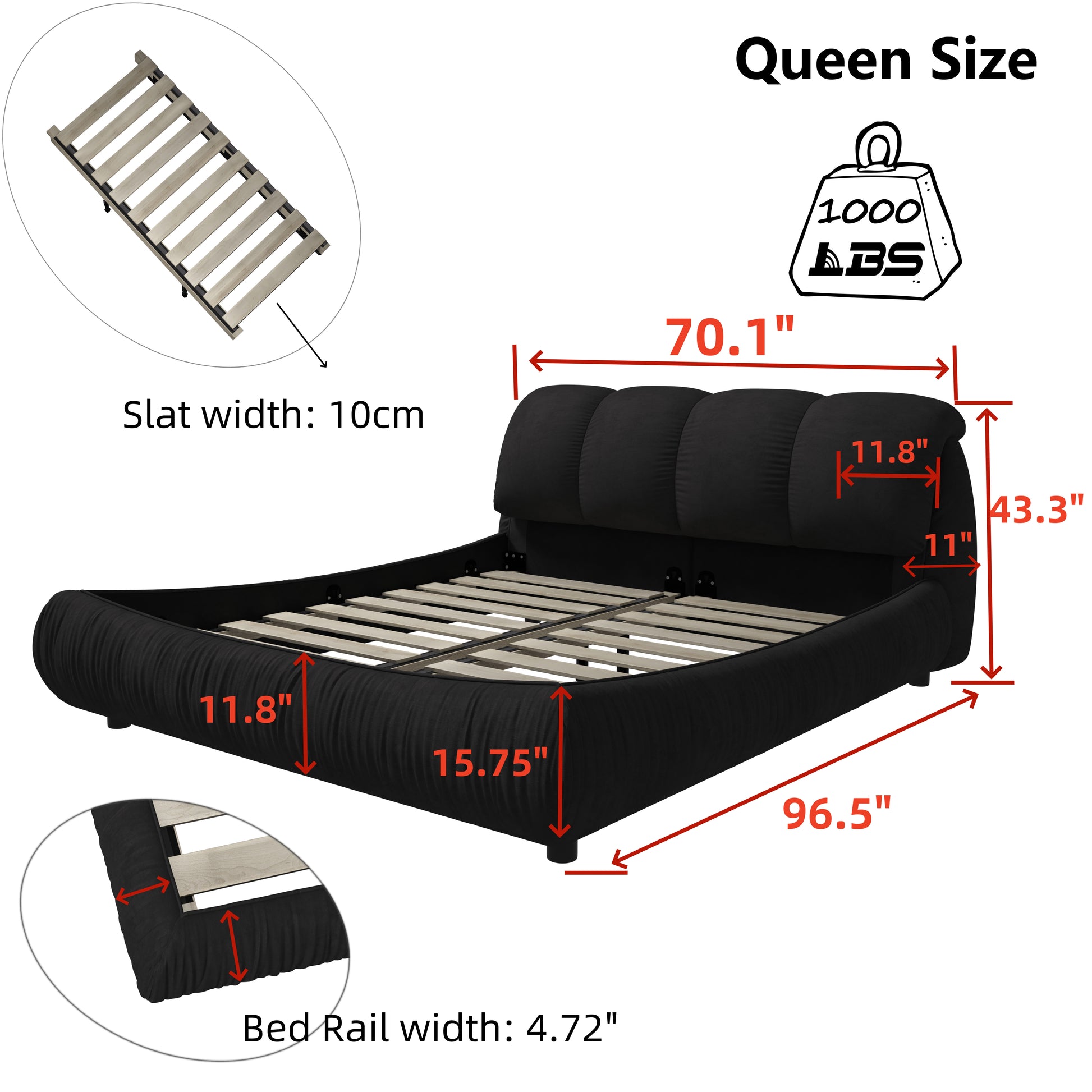 Queen Size Luxury Upholstered Platform Bed With Oversized Padded Backrest And Solid Wood Frame,Suitable For Multiple Heights Of Mattresses,Black Old Sku:W1885S00016 Box Spring Not Required Queen Black Wood Pine Solid Wood