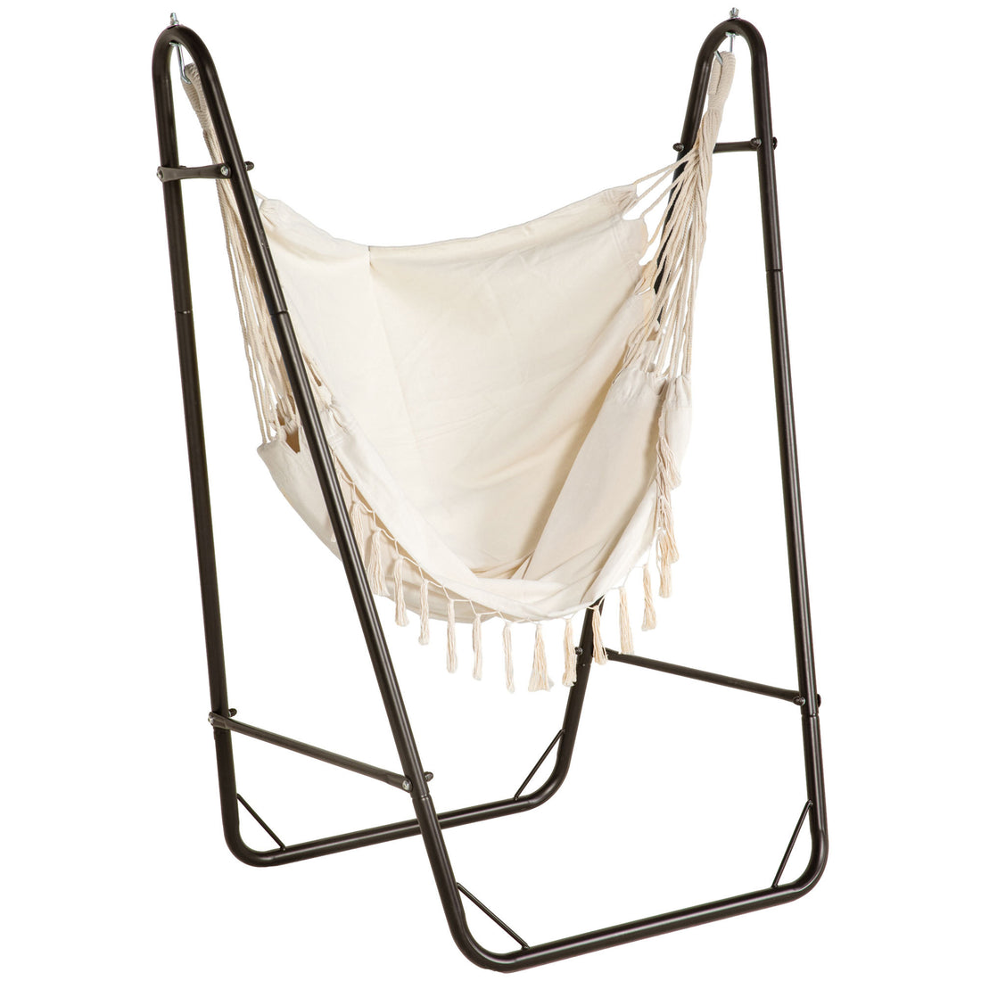 Outsunny Patio Hammock Chair With U Shape Stand, Outdoor Hammock Swing Hanging Lounge Chair With Side Pocket, Brown Cream White White Steel