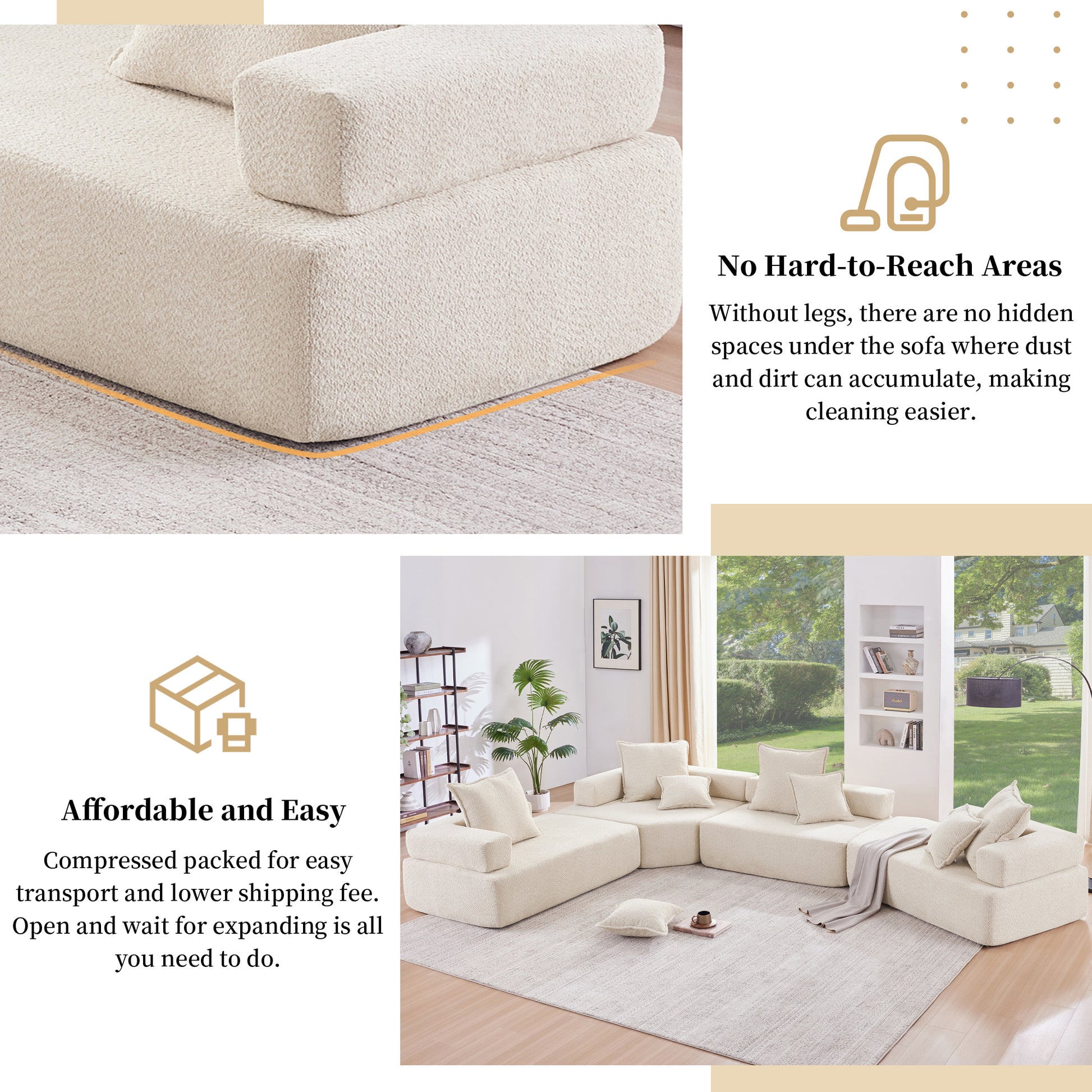 Loveseat Frame For Oversized Modular U Shaped Sectional Sofa,Luxury Boucle Floor Couch Set,Convertible Sleeper Couch,Spacious Foam Filled Sofa Bed For Living Room Beige Boucle 1 Seat