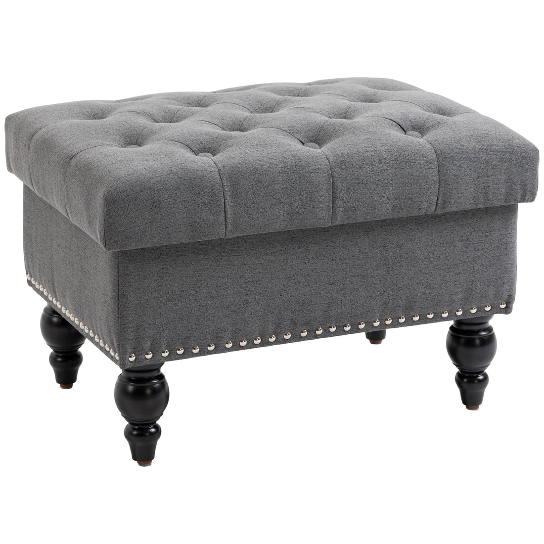 Homcom Ottoman With Storage For Living Room, 25" Storage Ottoman With Removable Lid, Button Tufted Fabric Bench For Footrest And Seat With Wood Legs, Gray Gray Linen