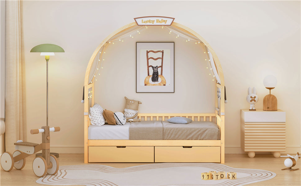 Twin Size Bed With Arched Roof And 2 Drawers, Natural Twin Natural Plywood