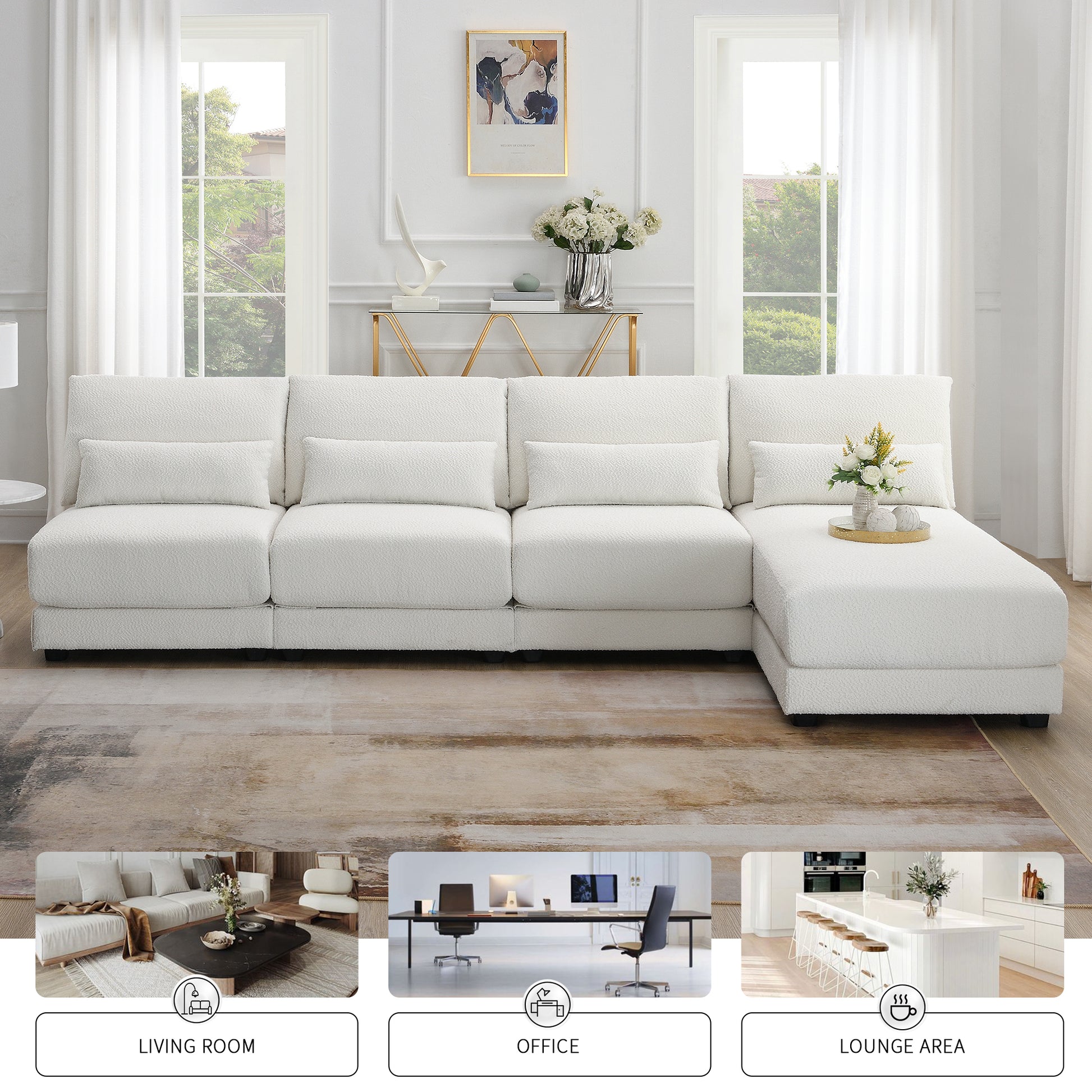 120*61" Oversized Deep Seat Sectional Sofa With Reversible Chaise,Loop Yarn Fabric 5 Seat Armless Indoor Furniture,Convertible L Shaped Couch For Living Room,Apartment,3 Colors Cream Fabric 5 Seat