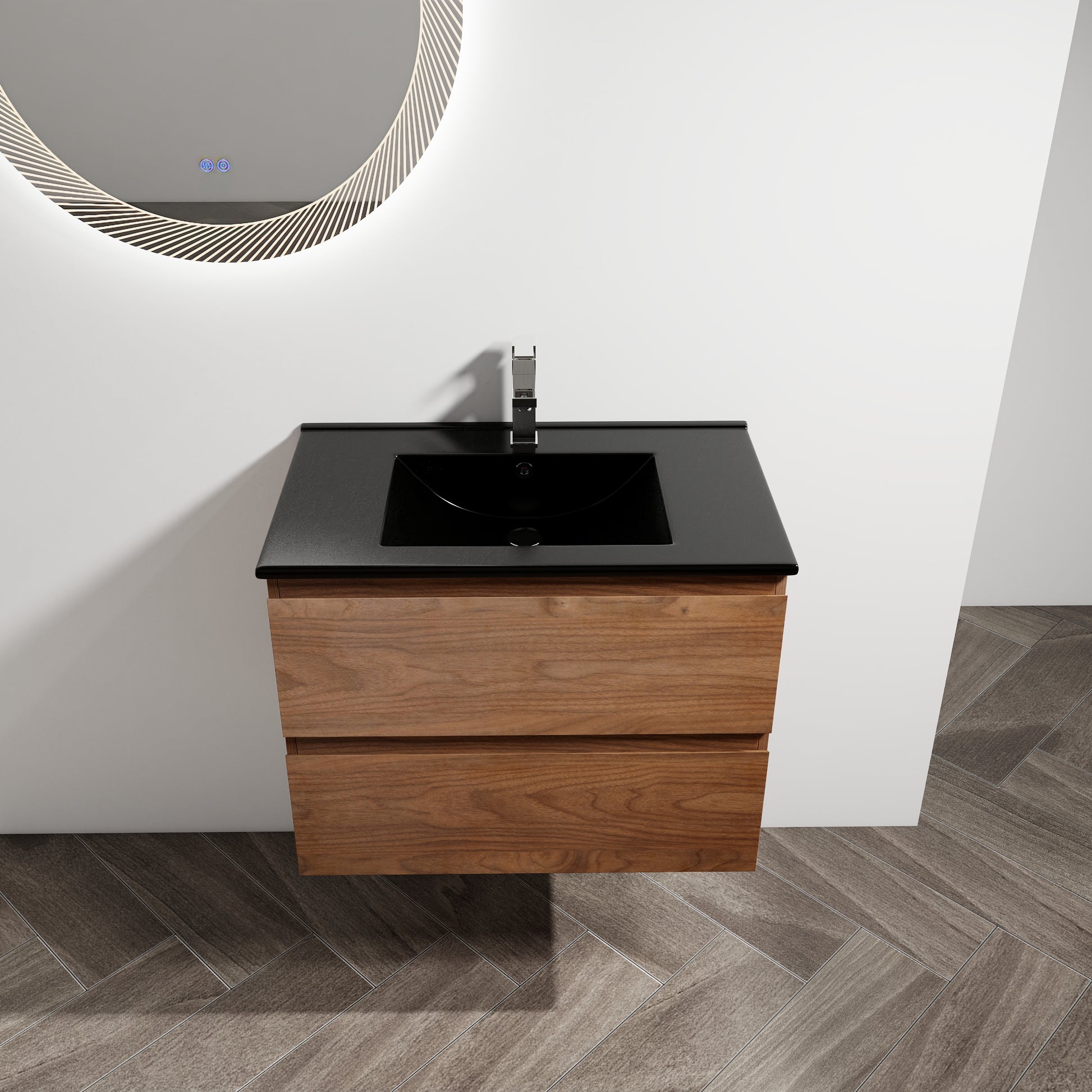 30" Wall Mounted Bathroom Vanity With Black Ceramic Sink, 2 Soft Close Drawers, Kd Package 2 Brown Oak Bathroom Wall Mounted Modern Plywood