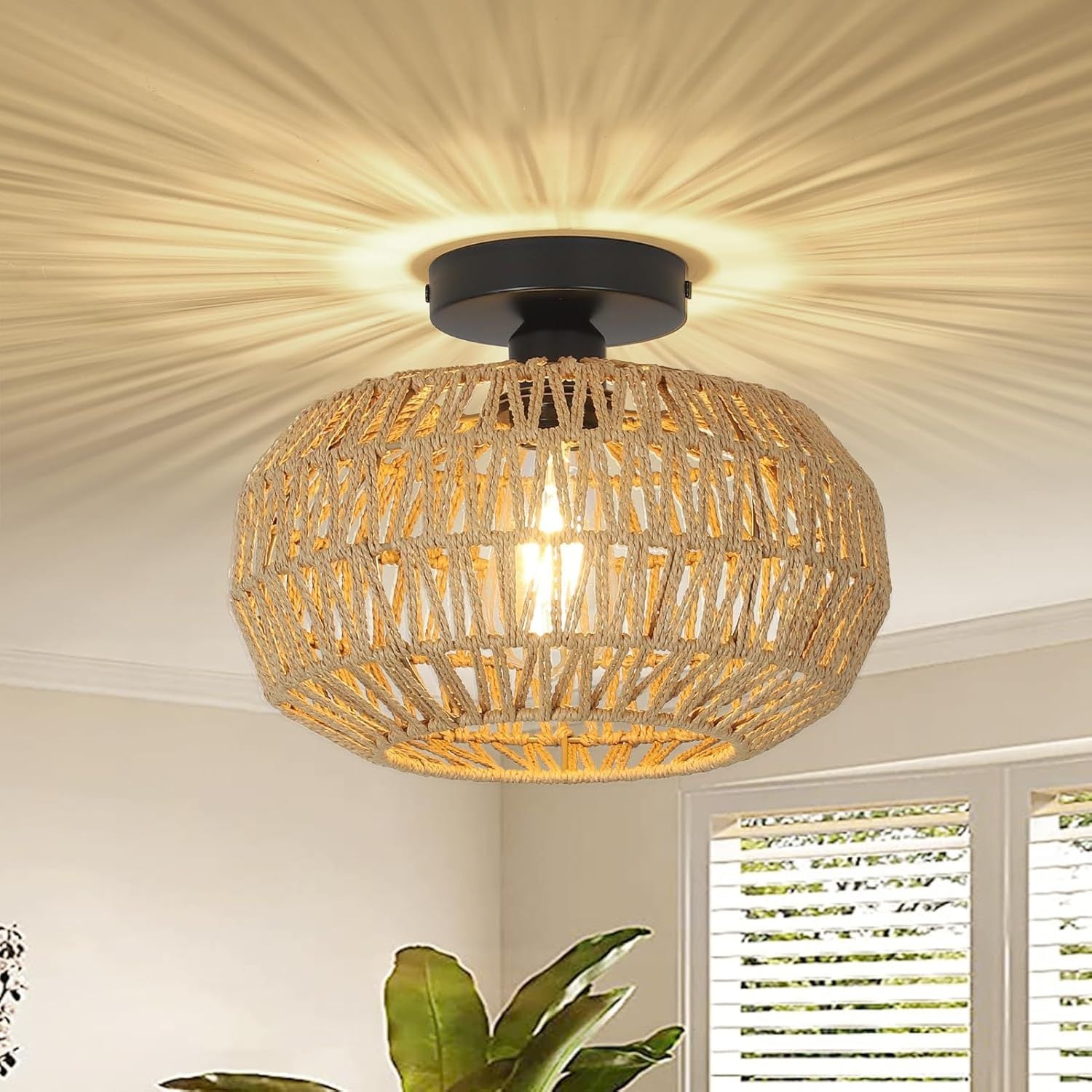 Rattan Light Fixtures Ceiling Mount,Boho Ceiling Light Fixture With Dimmable Led Bulb Mini Hand Woven Rattan Chandelier Light Fixtures Ceiling For Bedroom Kitchen Entryway Living Room Hallway Brown Rattan Metal