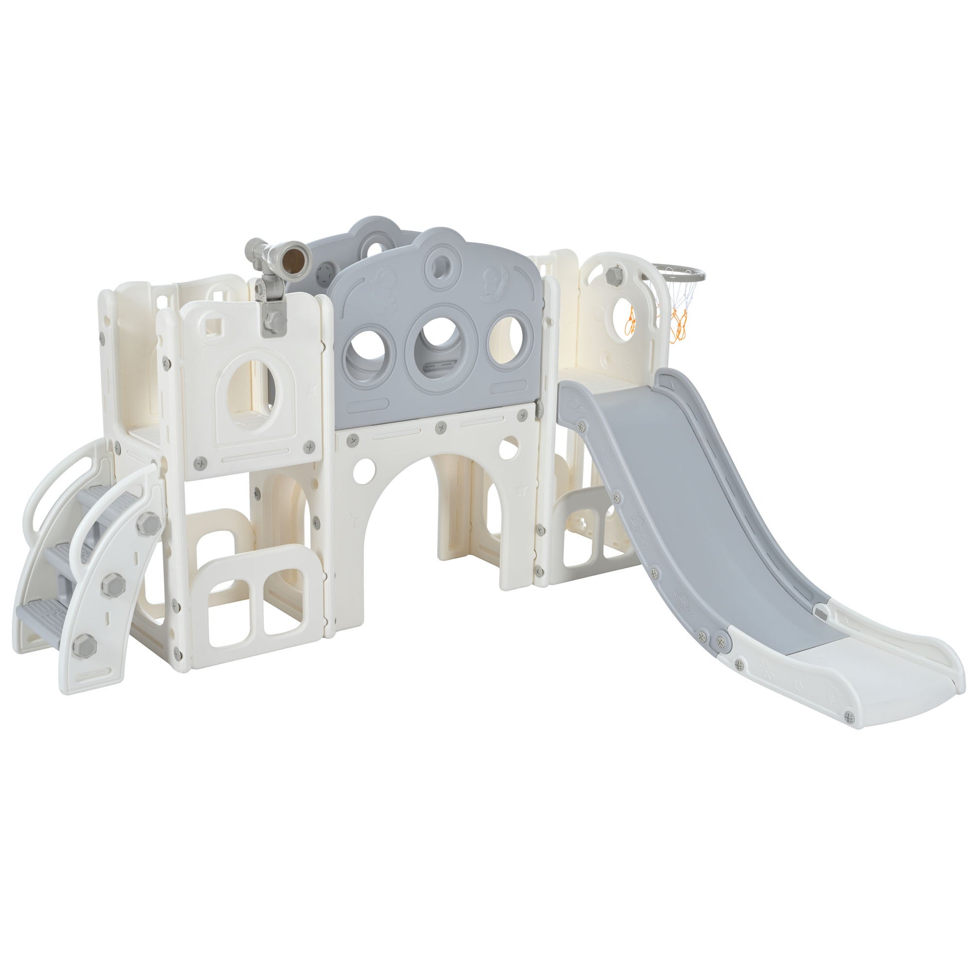 7 In 1 Toddler Slide Set, Freestanding Space Set With Slide, Kids Slide Playset Structure, Arch Tunnel And Basketball Hoop, Toy Storage Organizer For Toddlers, Kids Climbers Playground Grey White 50 99 Lbs Cute 1 To 2 Years Hdpe Indoor & Outdoor Use