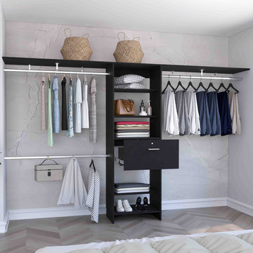 Closet System 70"W 118"W, Three Hanging Rods, Five Shelves, One Drawer, Black Black Solid Wood Mdf Engineered Wood