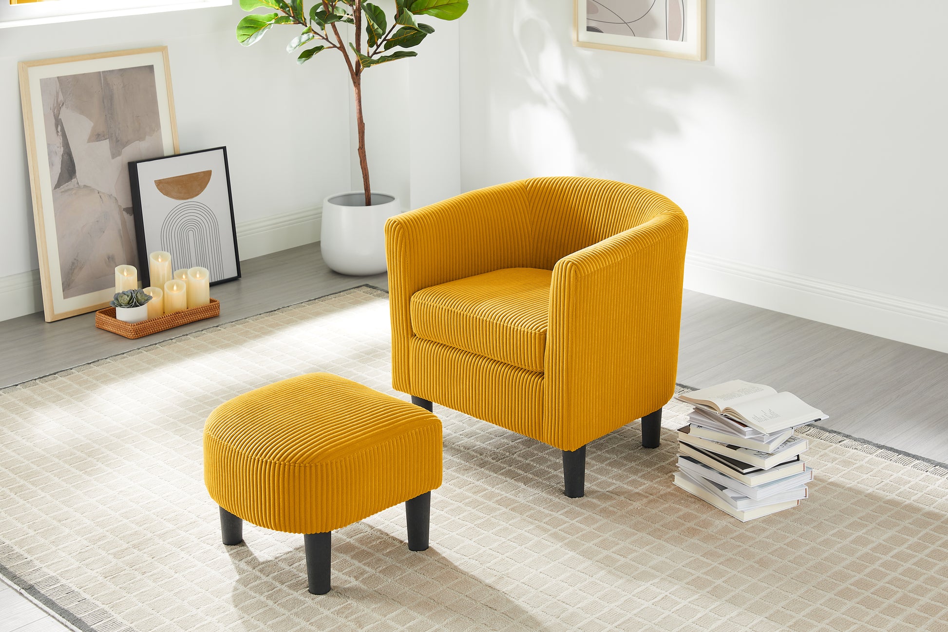 Modern Accent Chair,Upholstered Arm Chair Corduroy Single Sofa Chair With Ottoman Foot Rest Comfy Armchair For Living Room Bedroom And Office,Yellow Yellow Corduroy