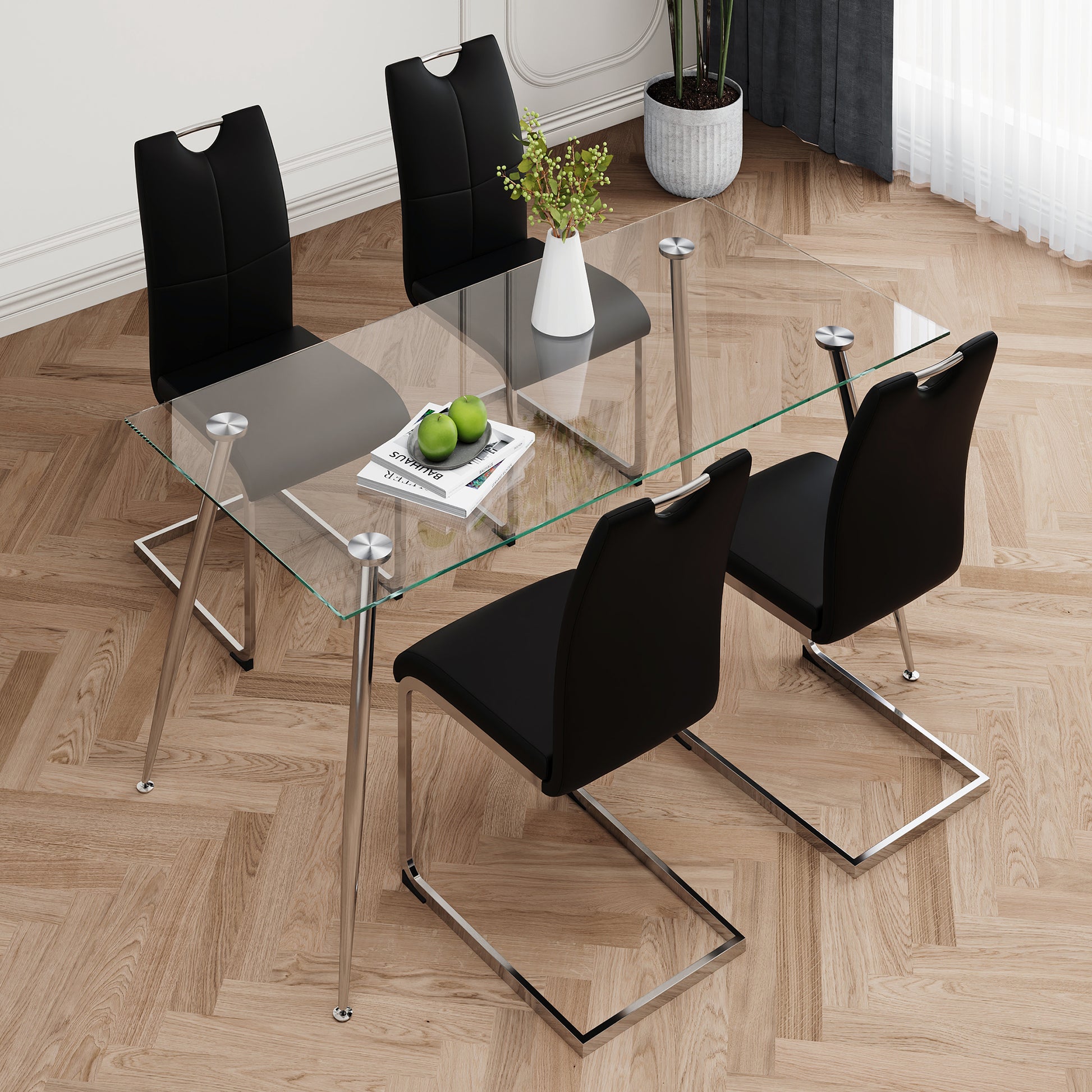 Modern Simple Rectangular Glass Dining Table, Solid Tempered Glass Tabletop, Electroplated Table Legs, Black Pu Dining Chair Set, Suitable For Restaurant Kitchen Use Set Of 5 Upholstered Chair Glass Black Pu Seats 4 Metal Rectangular Dining Table With