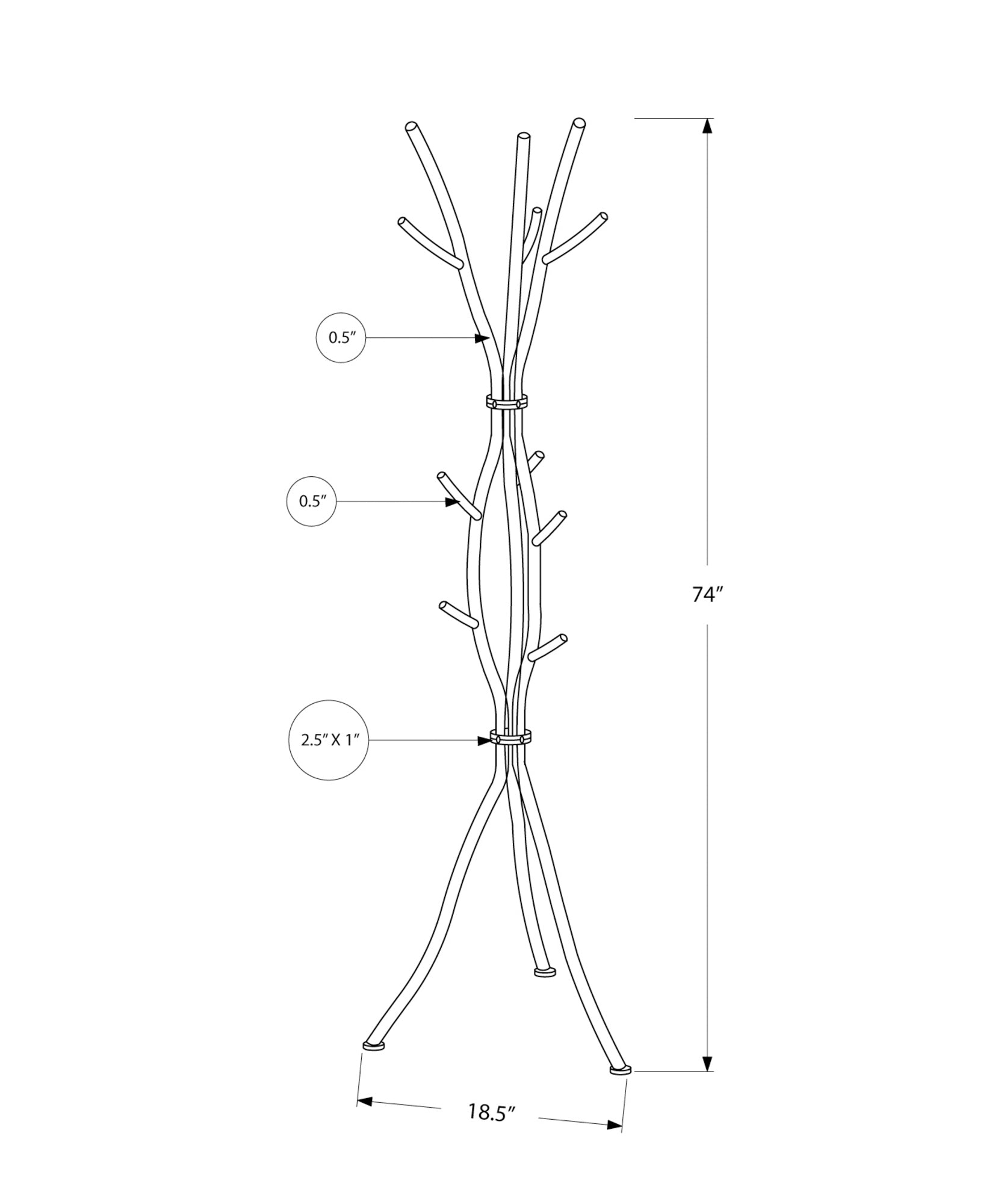 Coat Rack, Hall Tree, Free Standing, 11 Hooks, Entryway, 74"H, Bedroom, Grey Metal, Contemporary, Modern Silver Metal