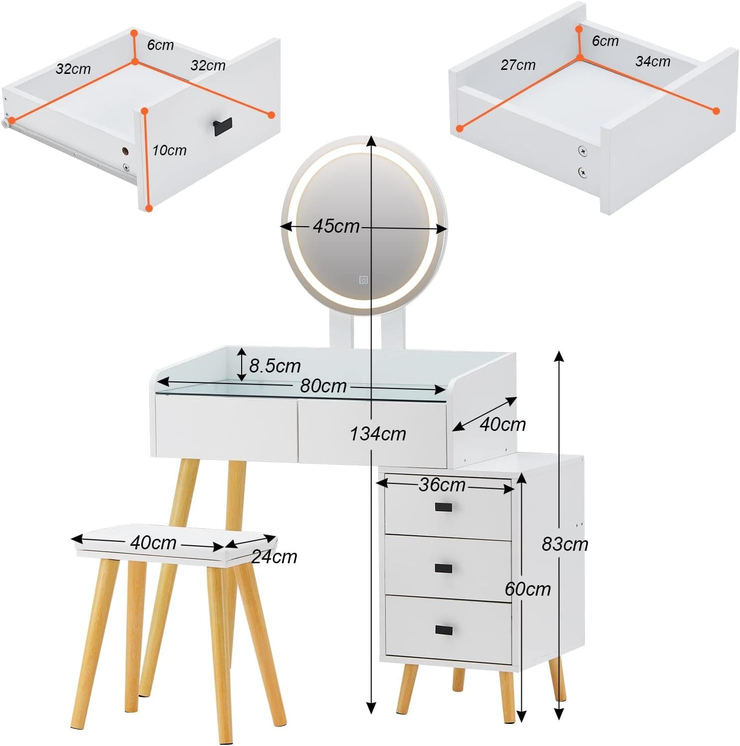 Dressing Table With Led Lights Glass Top Dressing Table With Extendable Side Table 5 Drawers Dressing Table With Mirror And Stool For Bedroom White Drawer 5 Drawers & Above Bedroom Modern Mirror Included White Particle Board Mdf