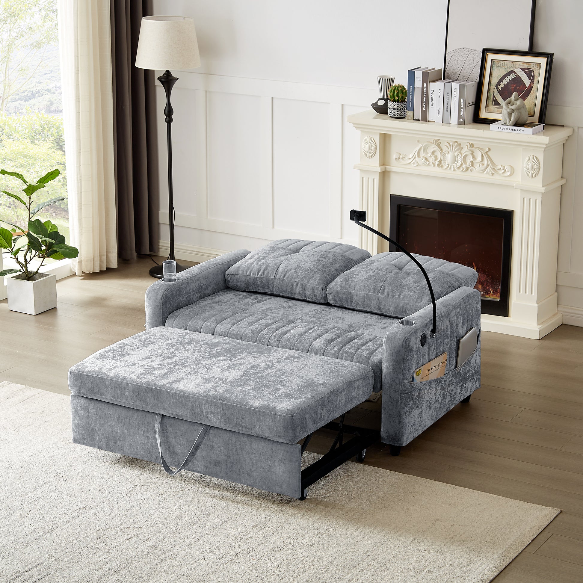 53.9" Modern Loveseat Pull Out Sofa Bed With Adjustable Backrest, Two Cup Holdersa Phone Holder, Three Charging Ports And Side Storage Pockets For Living Room, Grey Grey Foam Chenille