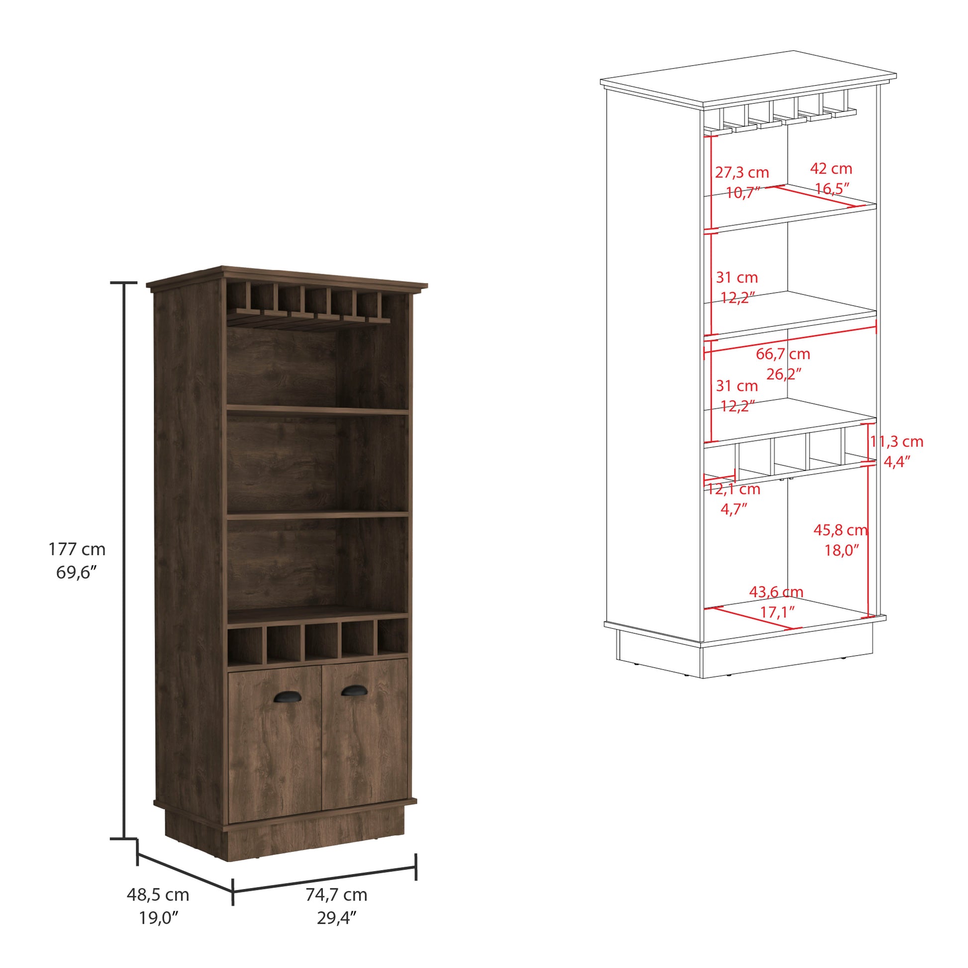 Dundee 70 Inch High 10 Glass Bar Cabinet With 5 Cubbies And 3 Open Shelves And Cabinet Dark Brown Dark Brown Kitchen Modern Particle Board