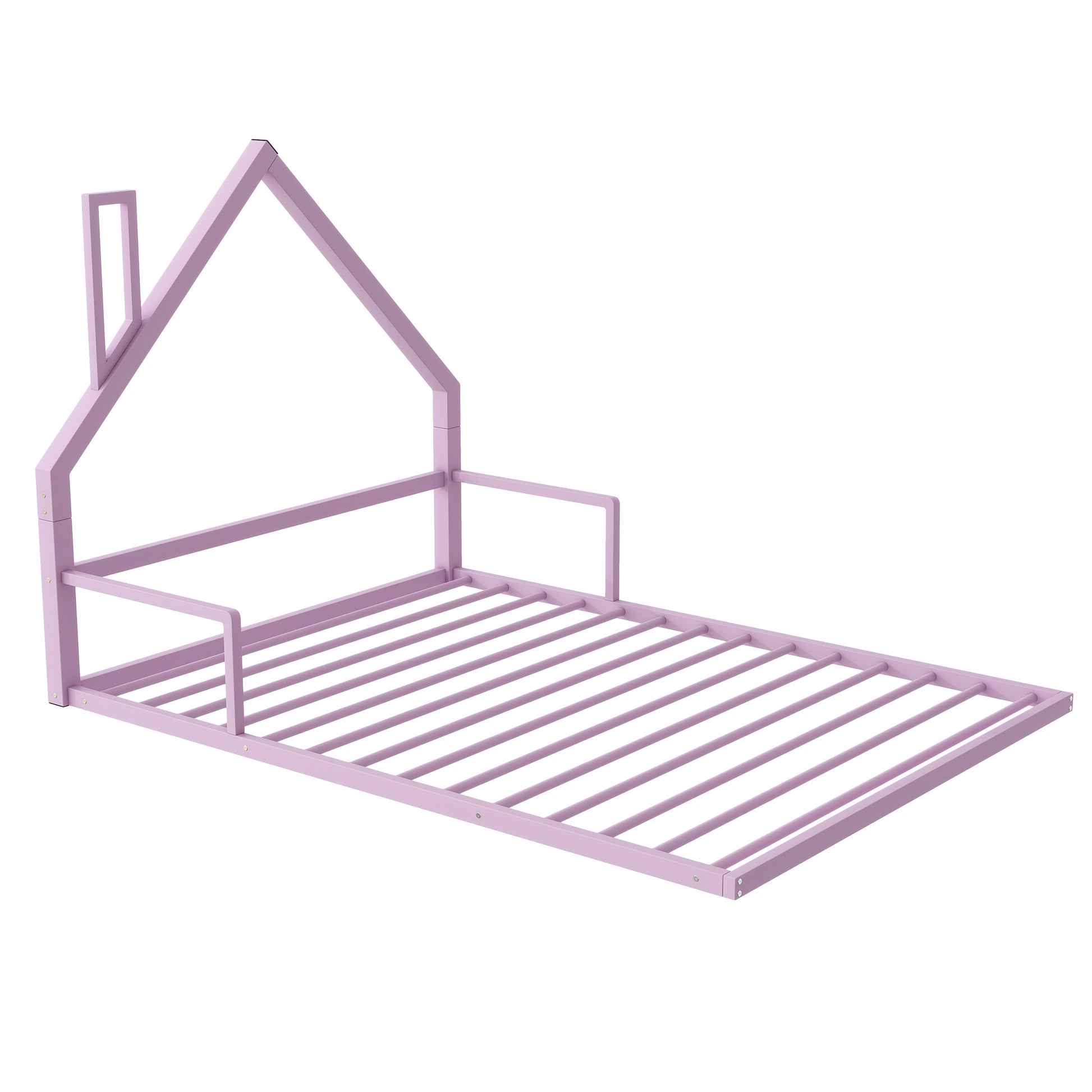 Full Size Metal Floor Bed With House Shaped Headboard, White Box Spring Not Required Full Pink Metal Bedroom Bed Frame Metal