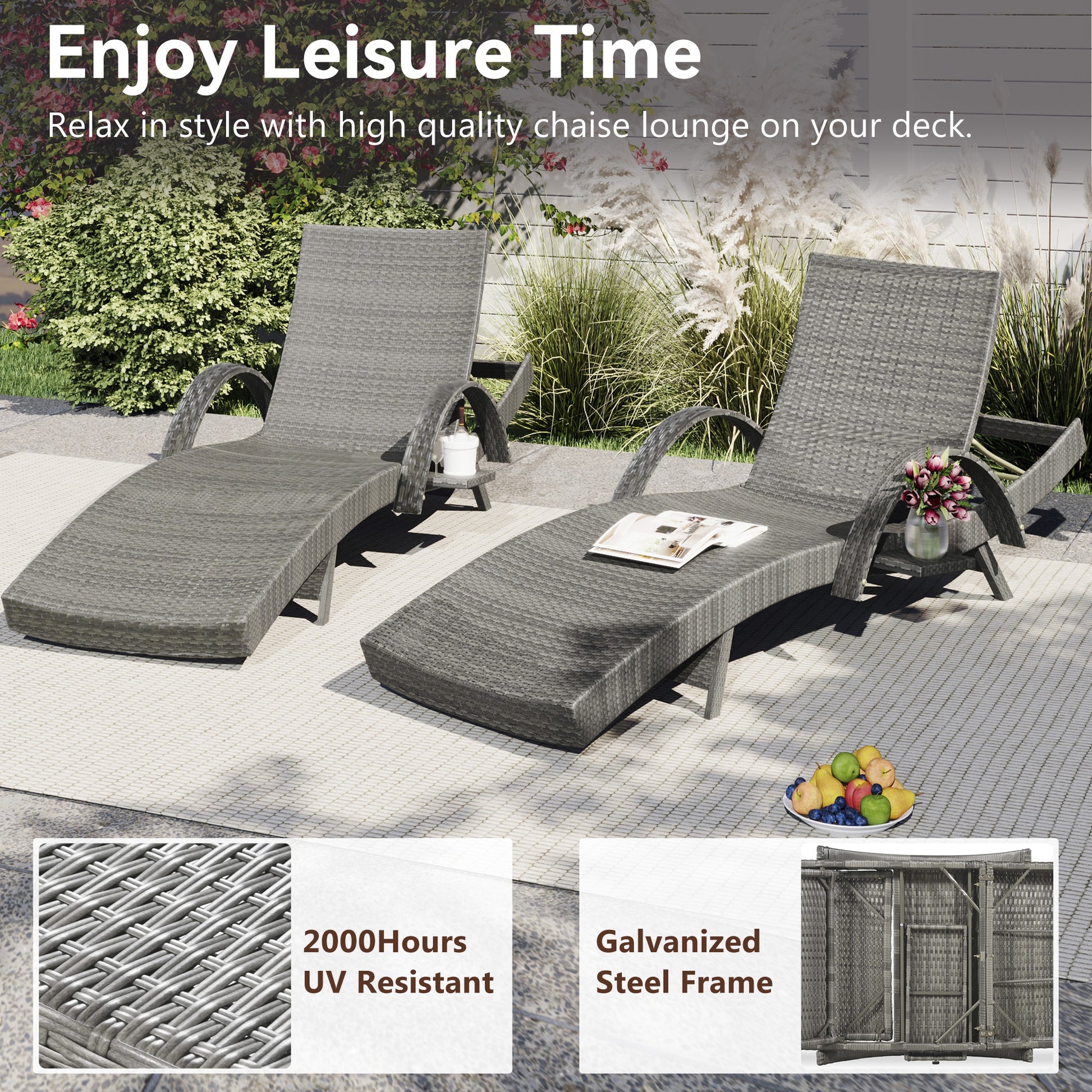 K&K 80'' Outdoor Wicker Chaise Lounge Chairs Set Of 2, Patio Rattan Reclining Chair Pull Out Side Table Adjustable Backrest Ergonomic Wave Design Pool Sunbathing Recliners, Grey No Lounge Grey Seats