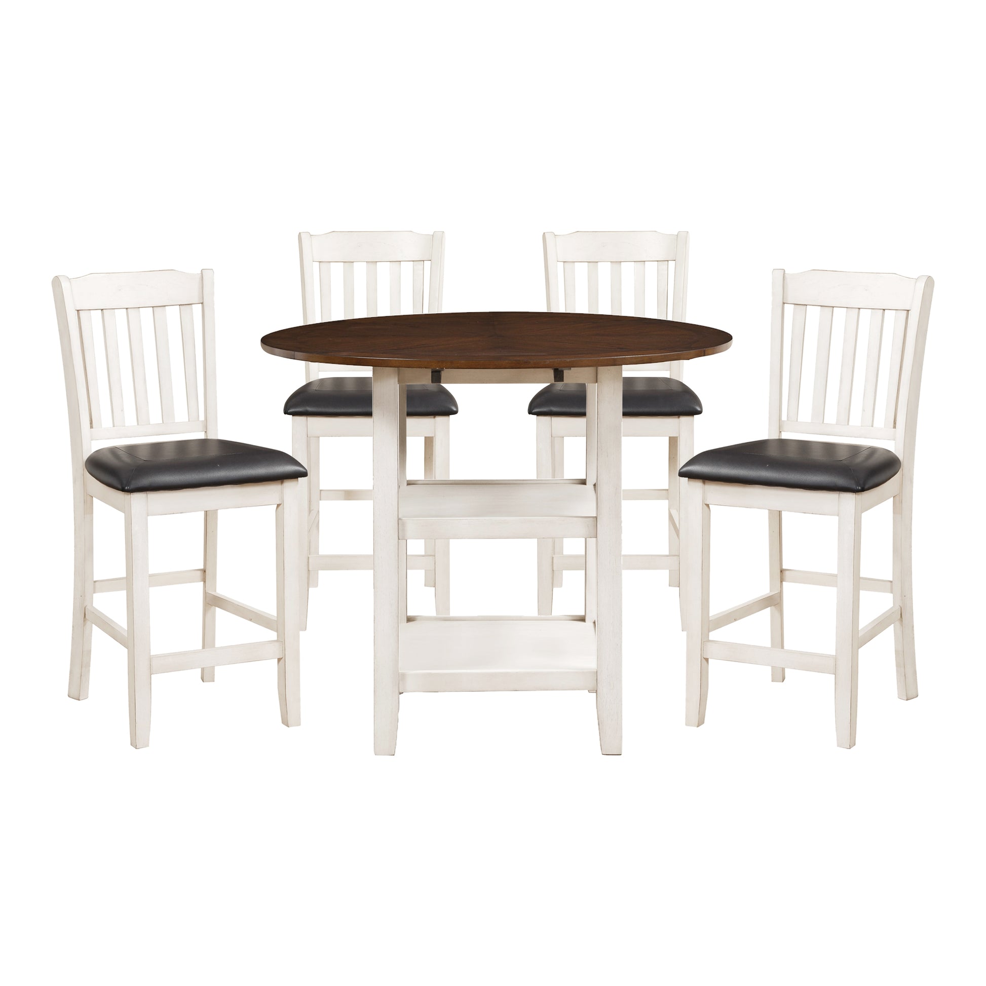 White And Dark Cherry Finish 5Pc Counter Height Set Table With 2X Bottom Shelves Drop Side Leaves And 4 Chairs Kitchen Dining Furniture Wood Wood White Washed Seats 4 Wood Dining Room 42 Inches