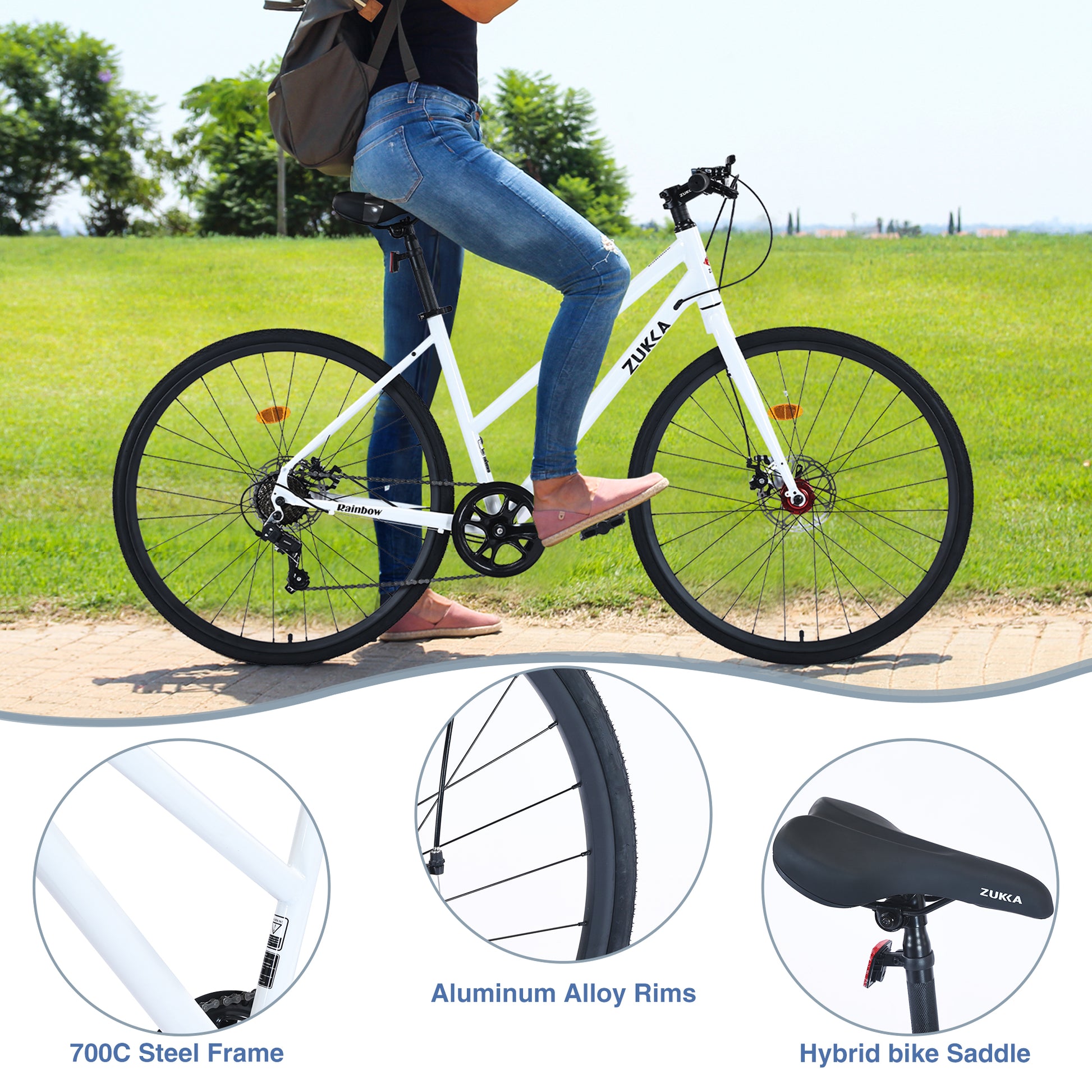 7 Speed Hybrid Bike Disc Brake 700C Road Bike For Men Women'S City Bicycle Cycling White Garden & Outdoor Carbon Steel