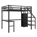 Full Size Loft Bed With L Shaped Desk And Usb, Metal Loft Bed With Wardrobe And Adjustable Shelf, High Loft Bed With Led For Kids Teens Adults, Black Full Black Metal