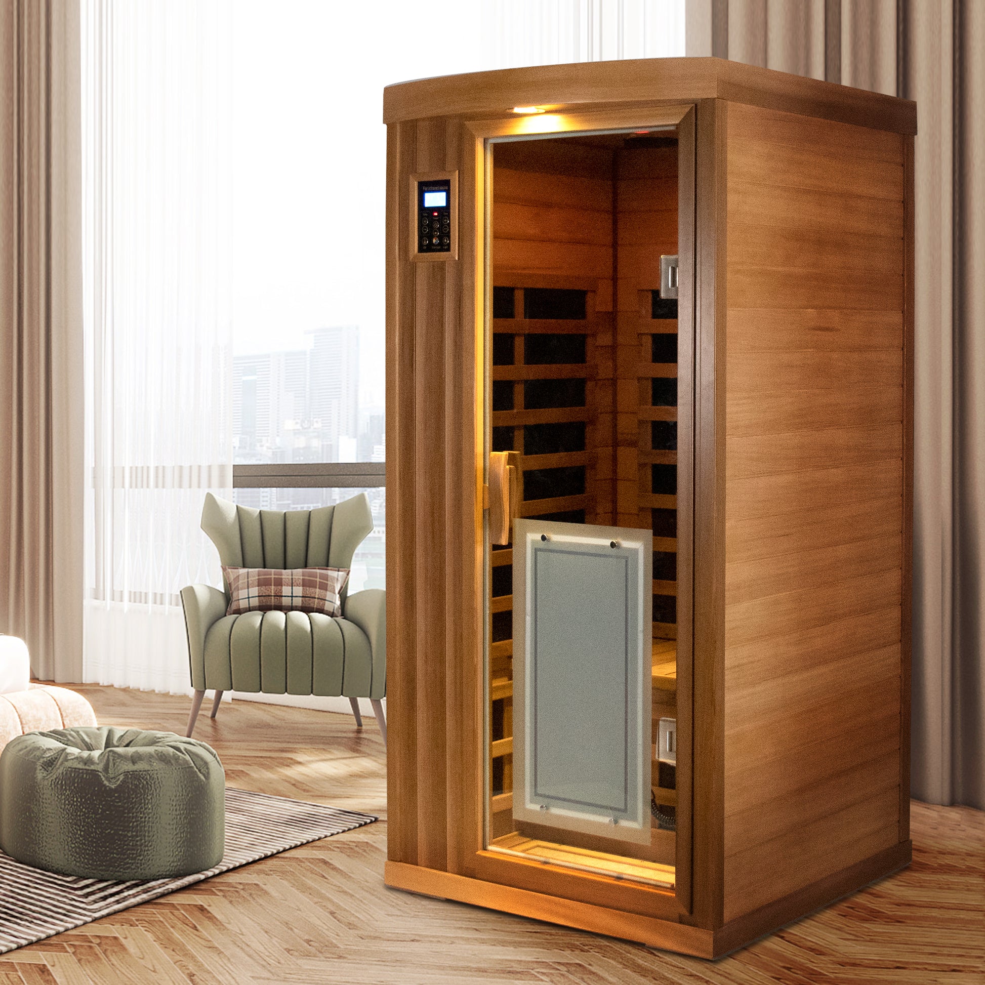 Low Emf One Person Far Infrared Red Cedar Deluxe Indoor Sauna Room Bean Paste Red Metal & Wood,Wood Glass
