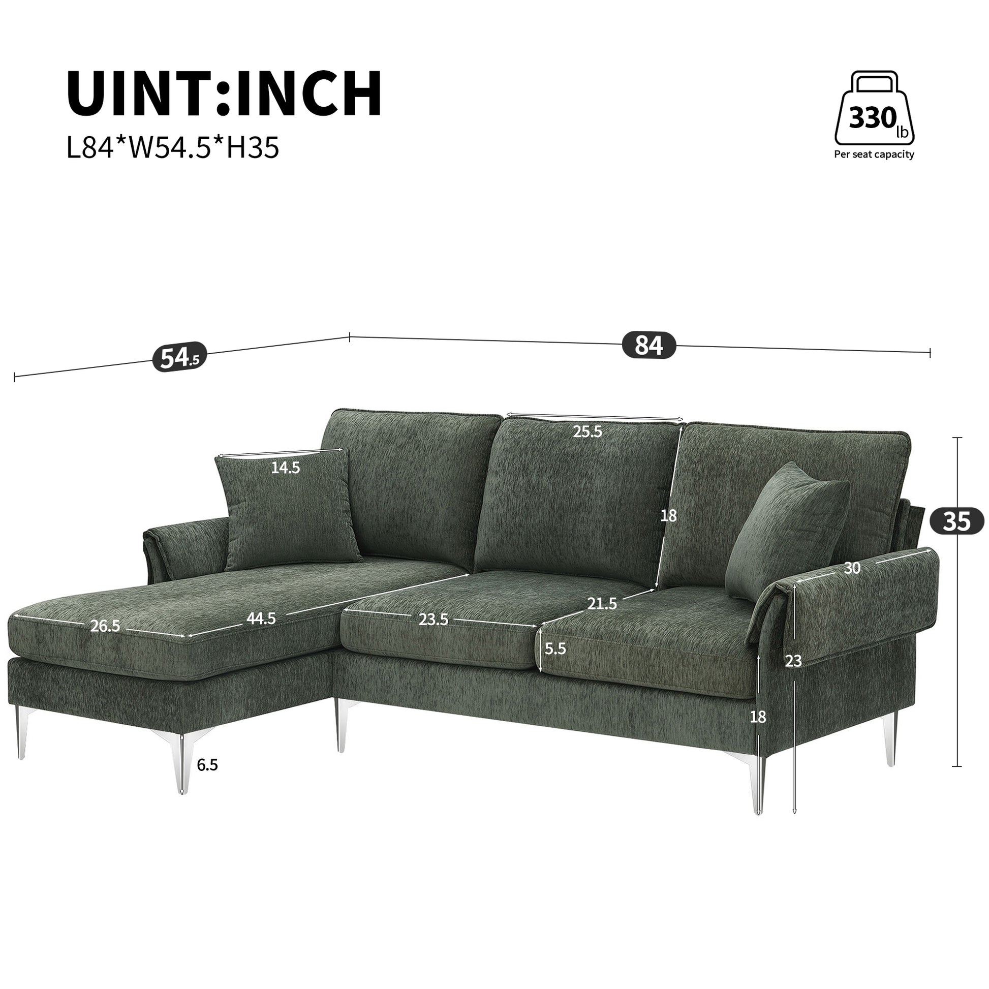 84 "Modern Chenille L Shaped Sofa With Reversible Lounge,Convertible Sectional Couch Set,4 Seat Indoor Furniture With Reversible Chaise,Fit For Living Room, Apartment 2 Pillows Green Chenille 4 Seat