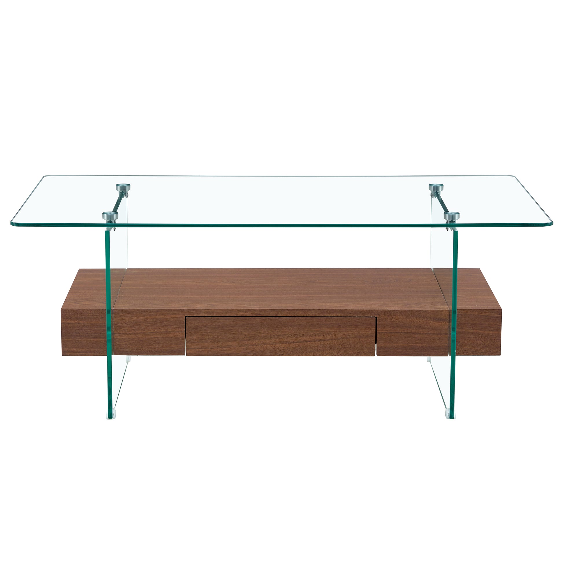 43.3 Inch Modern Two Tier Coffee Table Clear Tempered Glass And Dark Wood Grain, Multifunctional Storage Design.The Bottom Tier Includes A Drawer.Can Be Used As A Coffee Table,Side Table,Etc.