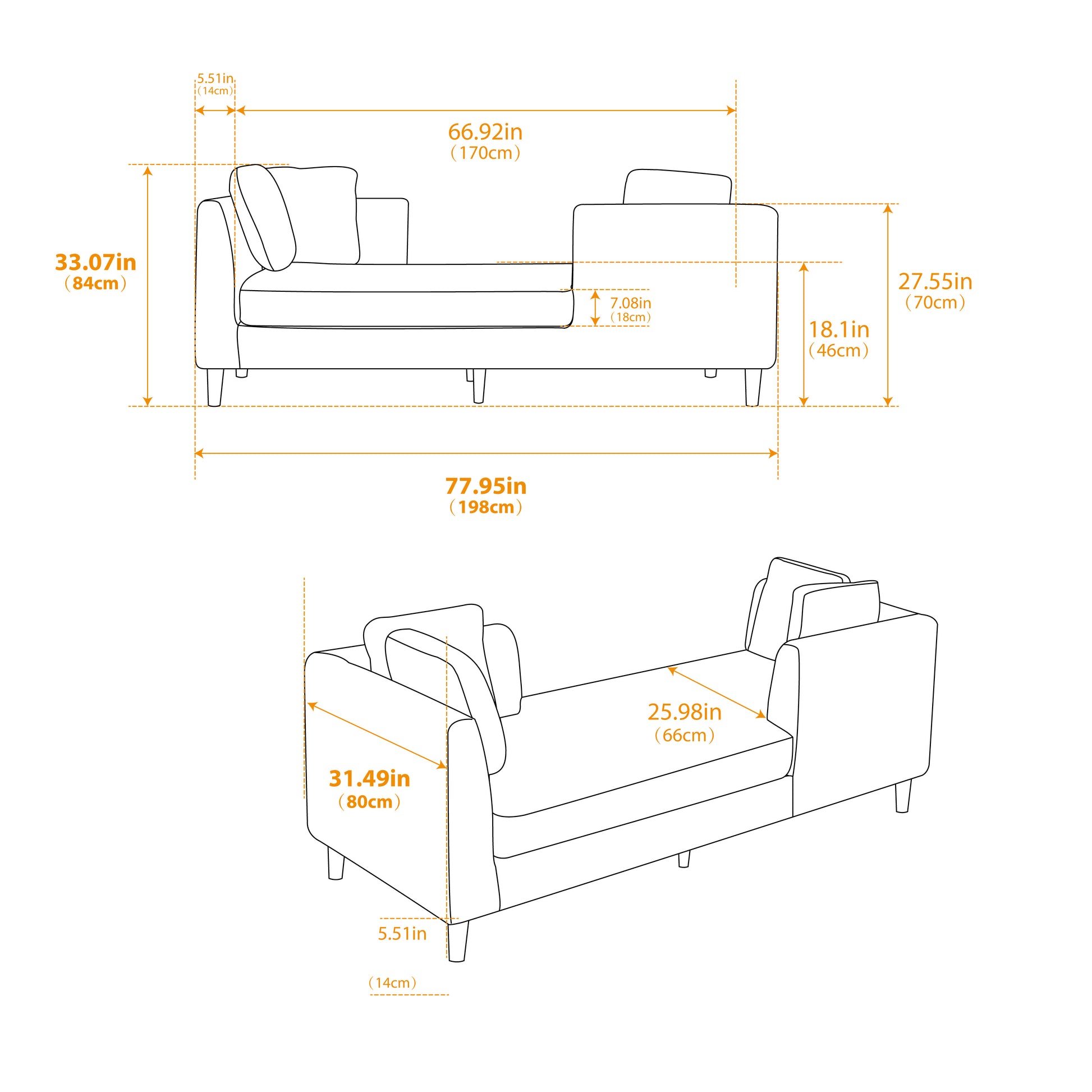 77.95'' Wide Modern Double Sided Upholstered Chaise Lounge Indoor,Chenille Fabric Sleeper Sofa Couch With 4 Throw Pillows, Daybed With Rubberwood Legs For Living Room, Bedroom, Apartment,Caramel