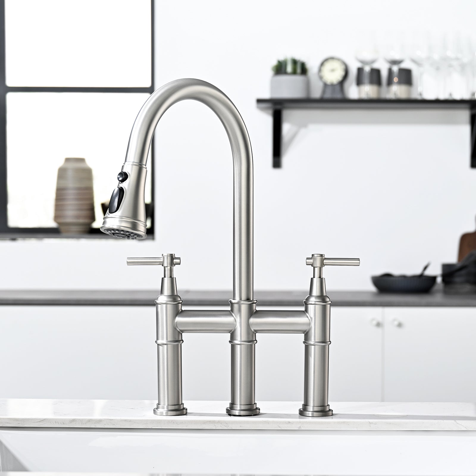 3 Hole Brushed Nickel Bridge Kitchen Faucet With Pull Down Sprayer,2 Handle Faucet For Kitchen Sinks Pull Out Sprayer Kitchen Sink Faucet Brushed Nickel Kitchen Classic,Modern Ceramic Stainless Steel