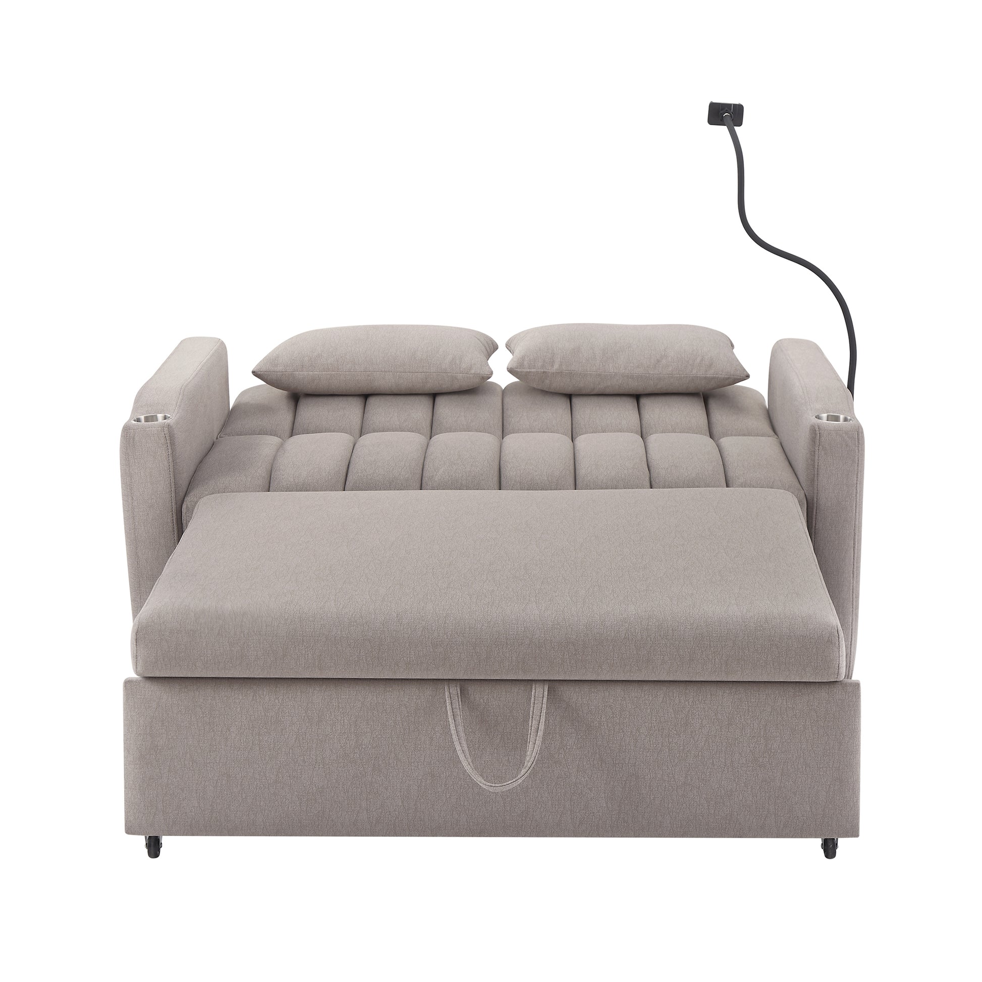 55.9" Convertible Sofa Bed Loveseat Sofa With Three Usb Ports, Two Side Pockets, Two Cup Holders And 360 Swivel Phone Holder For Living Room, Light Grey Light Grey Foam Polyester 2 Seat