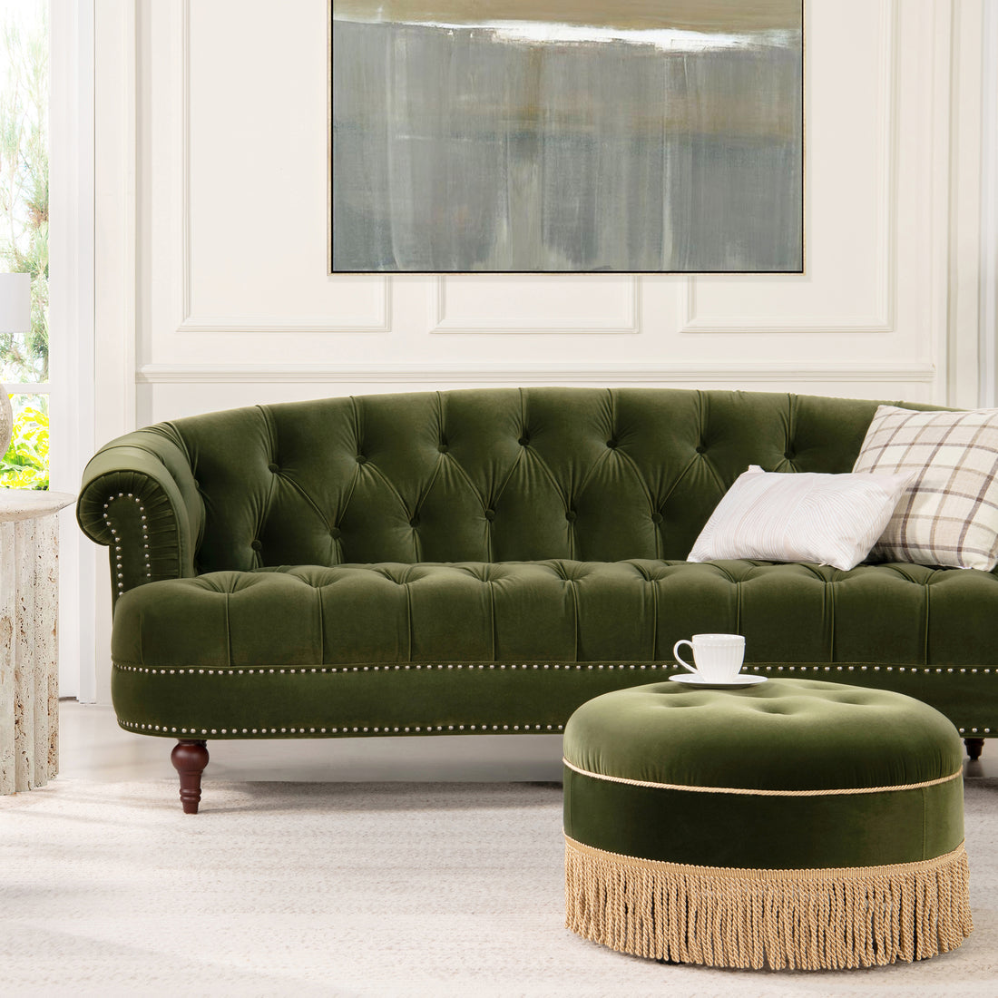 La Rosa Victorian Chesterfield Tufted Sofa, Olive Green Performance Velvet Olive Green Foam Velvet 3 Seat