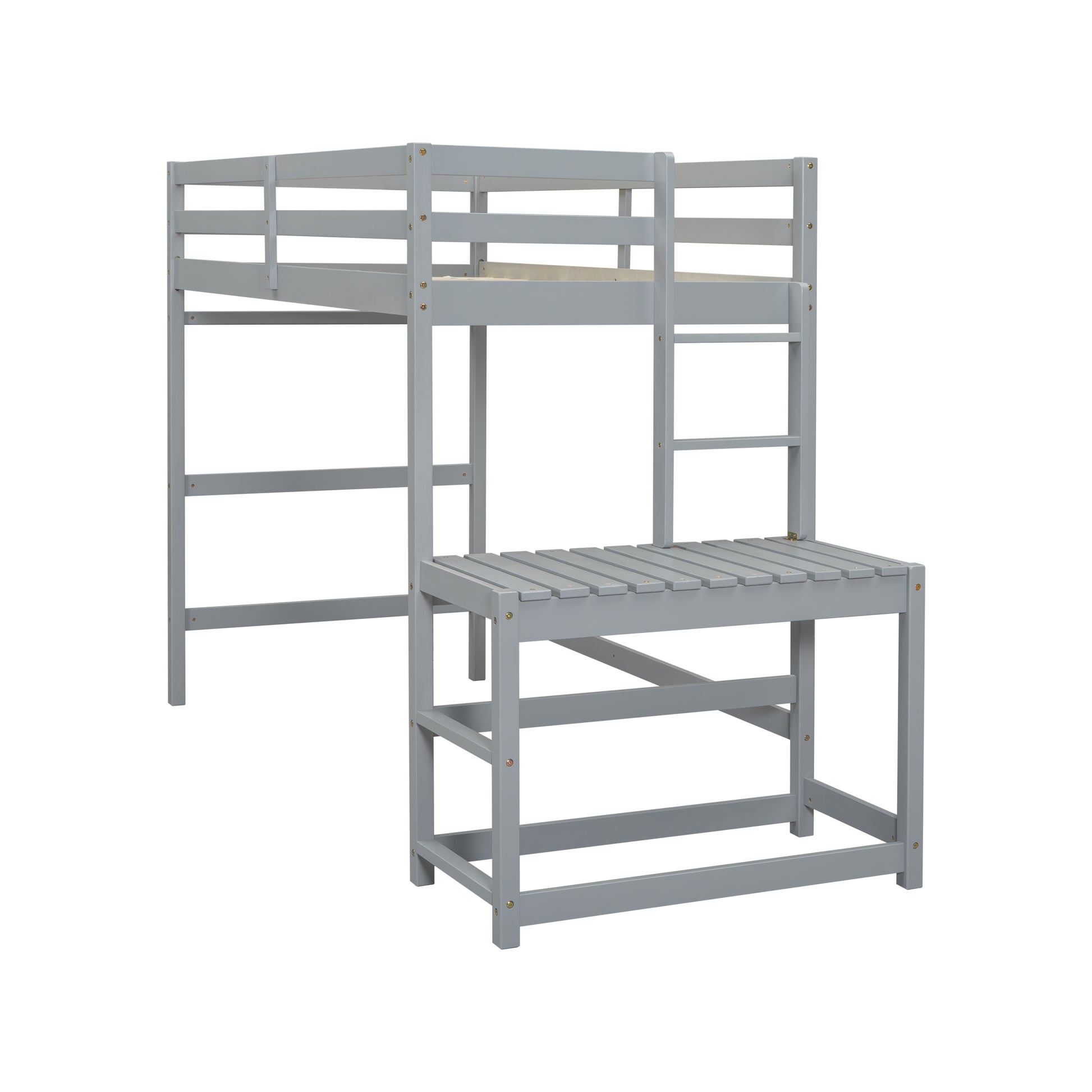 Twin Size High Loft Bed With Ladder Landing Platform, Ladders, Guardrails,Grey Twin Gray Wood Bedroom American Design Pine Bed Frame Pine