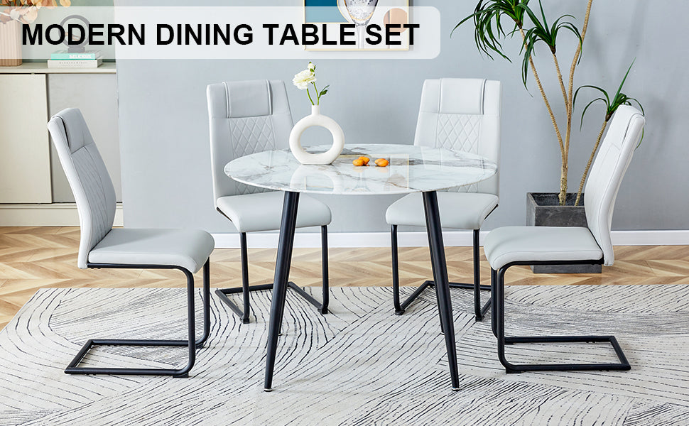 Table And Chair Set. Large Modern White Imitation Marble Patterned Round Table With Black Metal Legs. Nice Minimalism, Comfortable Seats And Black Metal Legs. White Gray Seats 4 Glass Metal