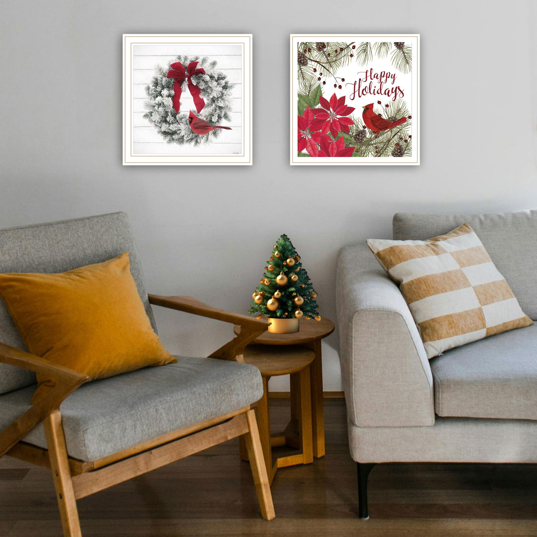 2 Piece Vignette Cardinal Wreath White Framed Wall Art For Living Room, Bedroom Wall Art Print For Home Decor By Linda Spivey Multicolor Wood Paper