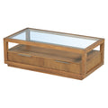 Modern Wood Coffee Table With 2 Drawers ,Minimalist Display Coffee Table With Transparent Tempered Glass, Open Storage Shelf For Living Room Brown Solid Wood Mdf