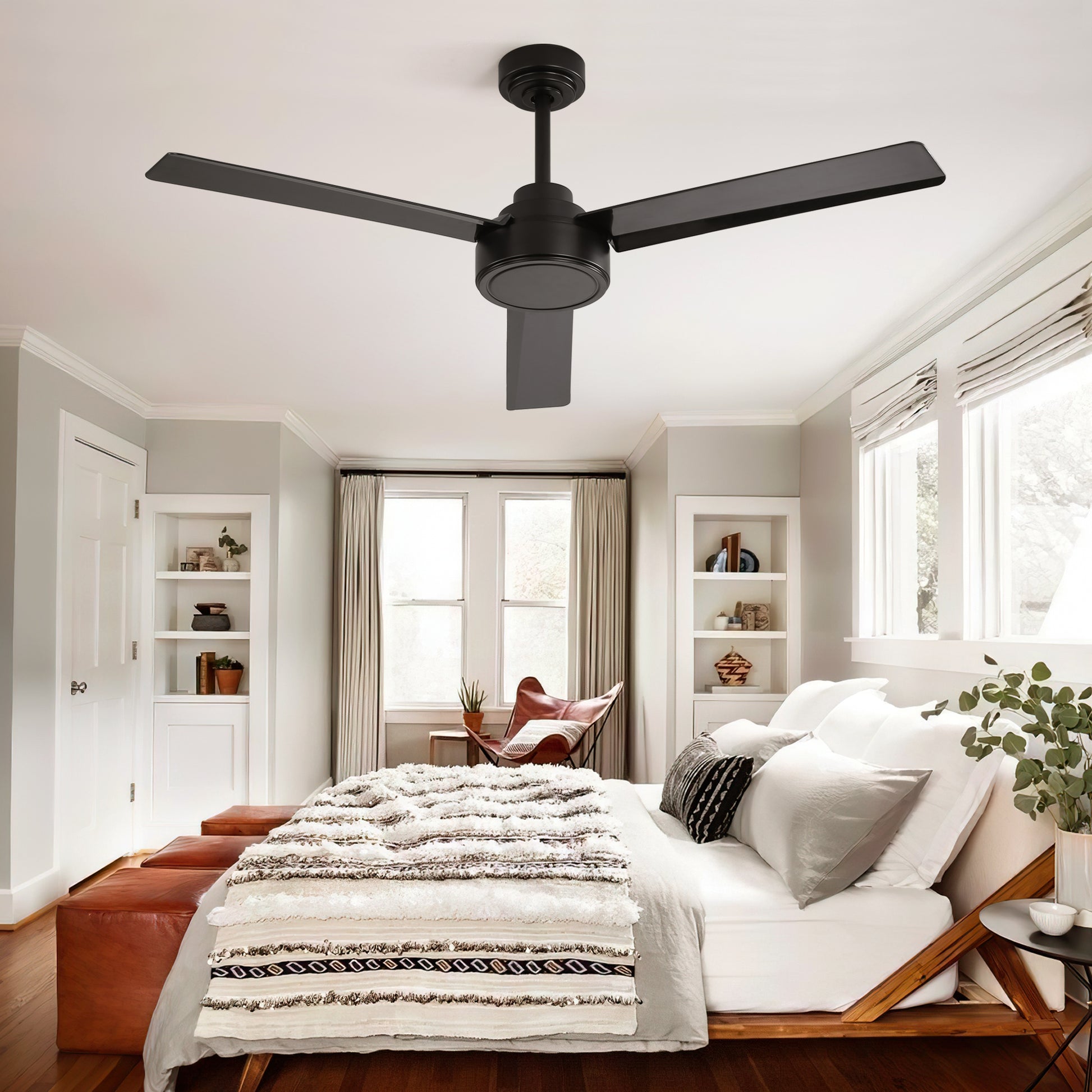 52" Ceiling Fan Without Light, 3 Abs Blades Farmhouse Ceiling Fan With Remote Control 6 Speed Reversible Dc Motor Black For Living Room, Bedroom, Kitchen Black Abs